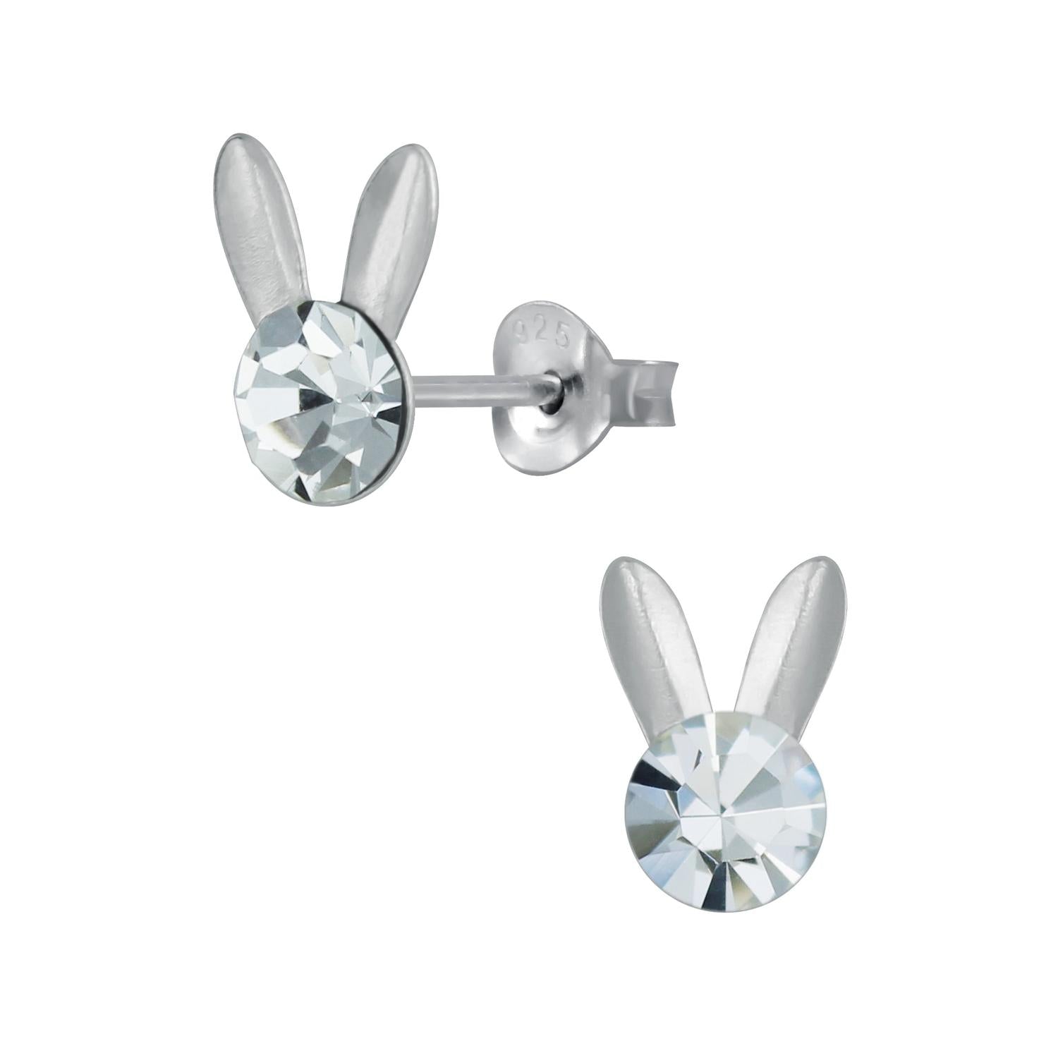 Sterling silver girls rabbit earrings silver with crystal detail for children's jewellery by Melchior Jewellery