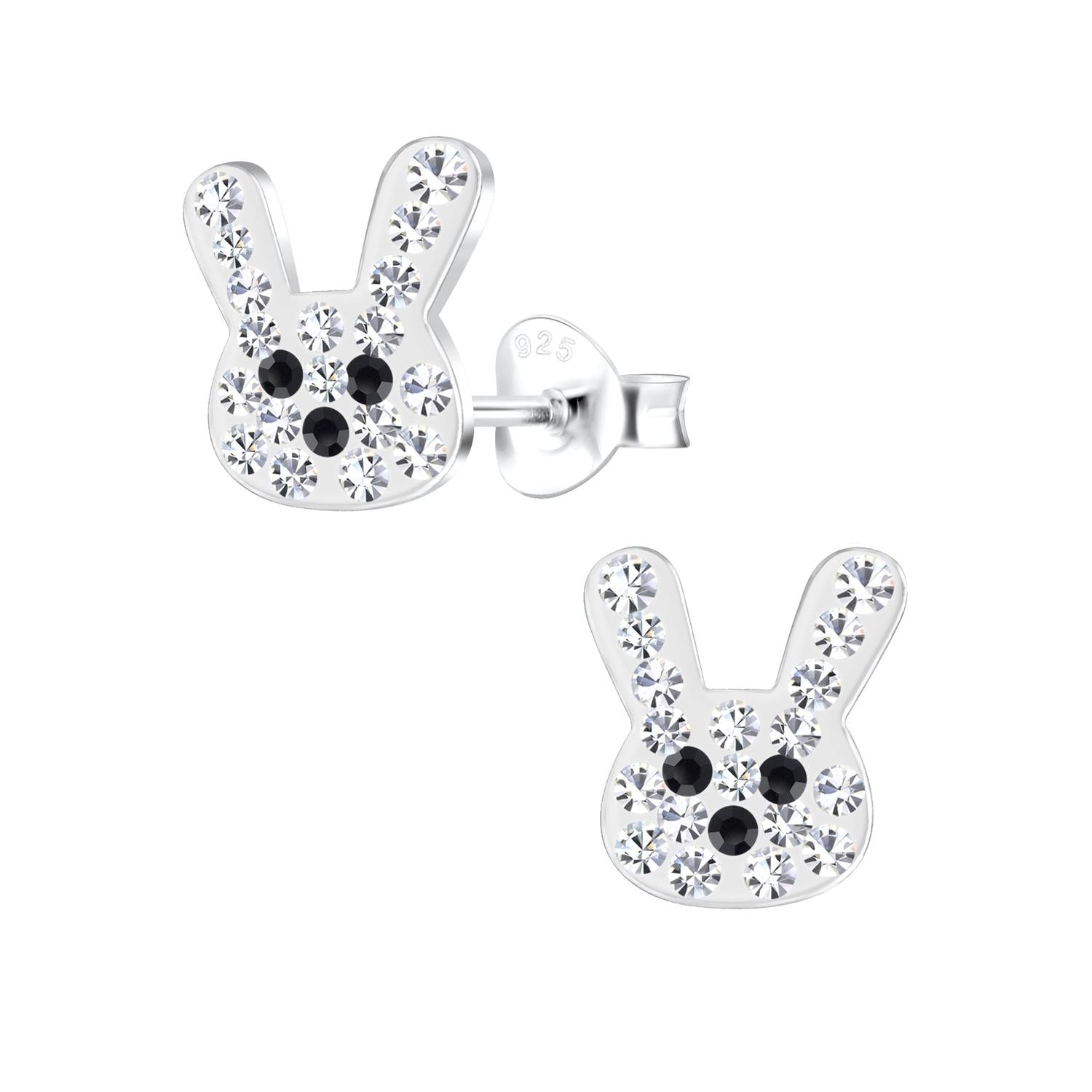Sterling Silver Bunny Rabbit Girls Earrings with crystal and black stone detail by Melchior Jewellery