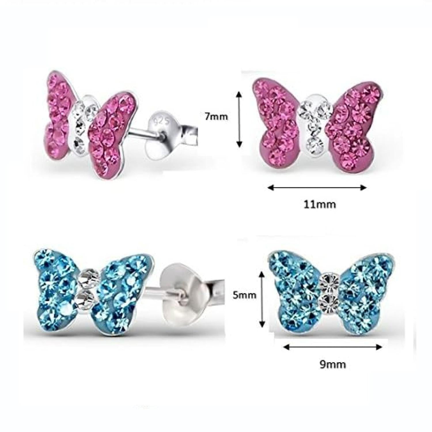 Melchior Jewellery sterling silver butterfly earrings for kids with pink and blue crystal designs