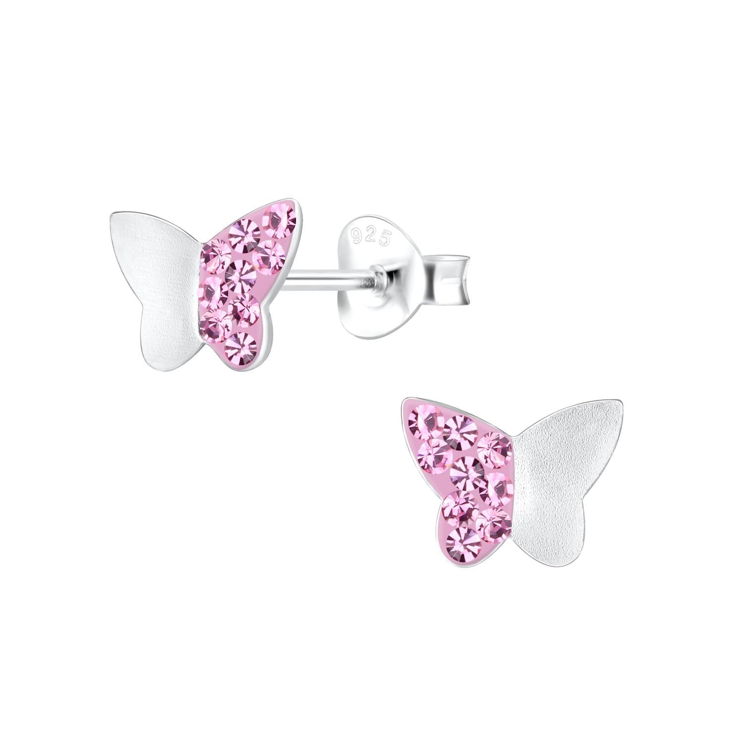 sterling silver pink crystal girls butterfly earrings for children by Melchior Jewellery