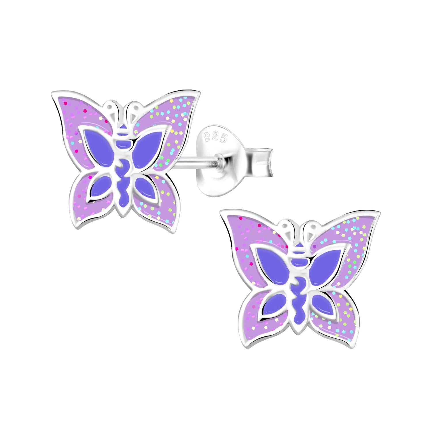 Purple and blue kids glitter butterfly stud earrings with multicoloured sparkles by Melchior Jewellery