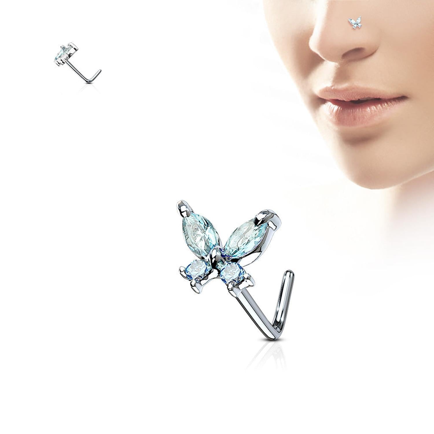 Melchior Jewellery CZ set surgical steel nose piercing butterfly design with aqua cubic zirconia