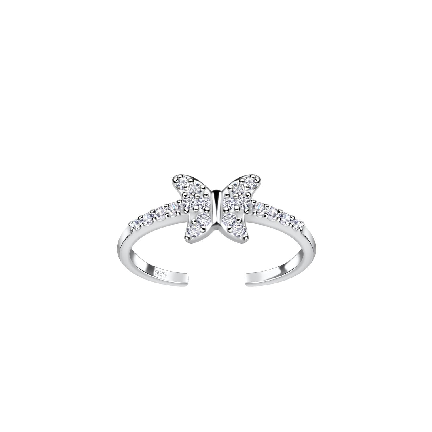 Silver butterfly toe ring with sparkling clear stones by Melchior Jewellery