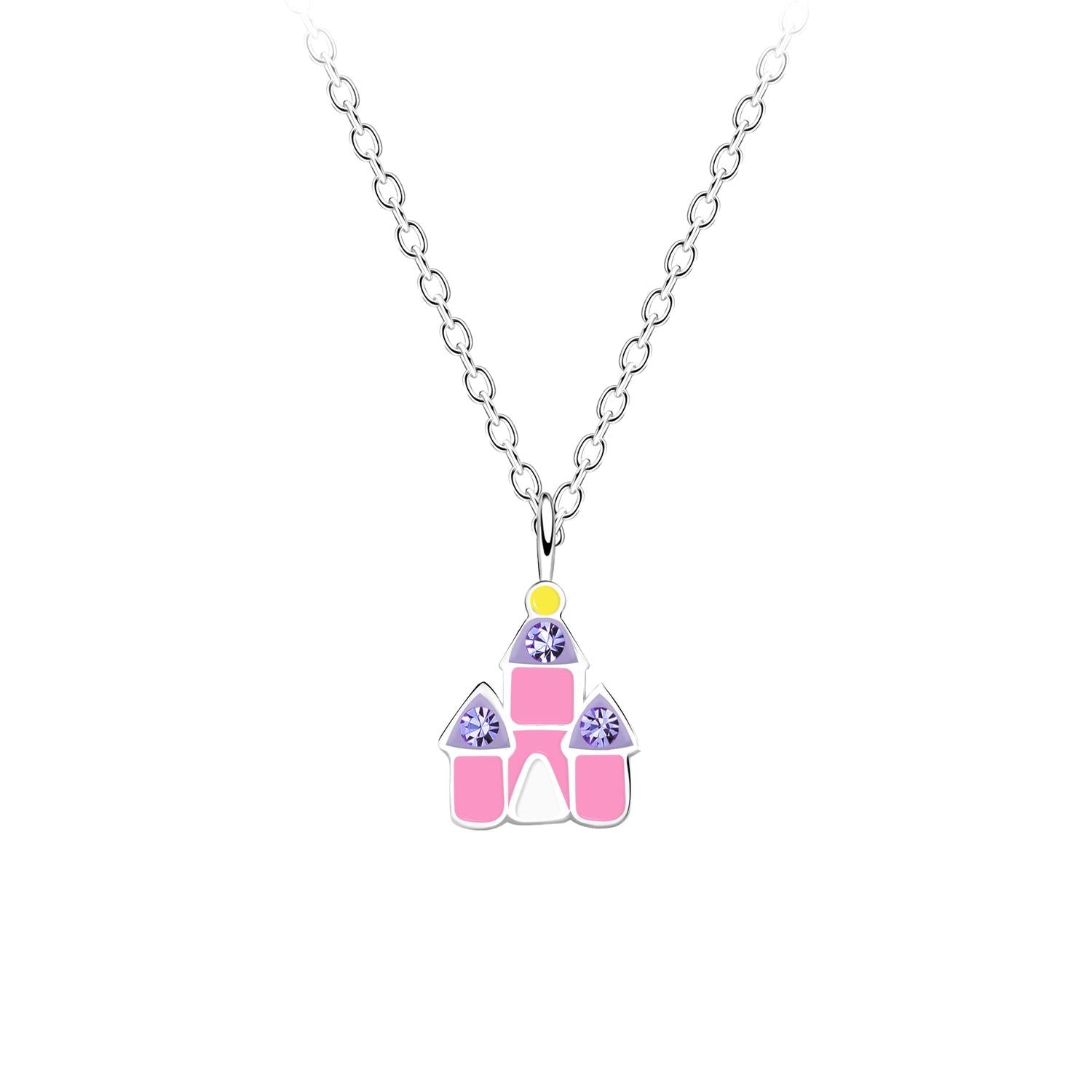 silver girls crystal castle necklace with pink and purple enamel and chain for children