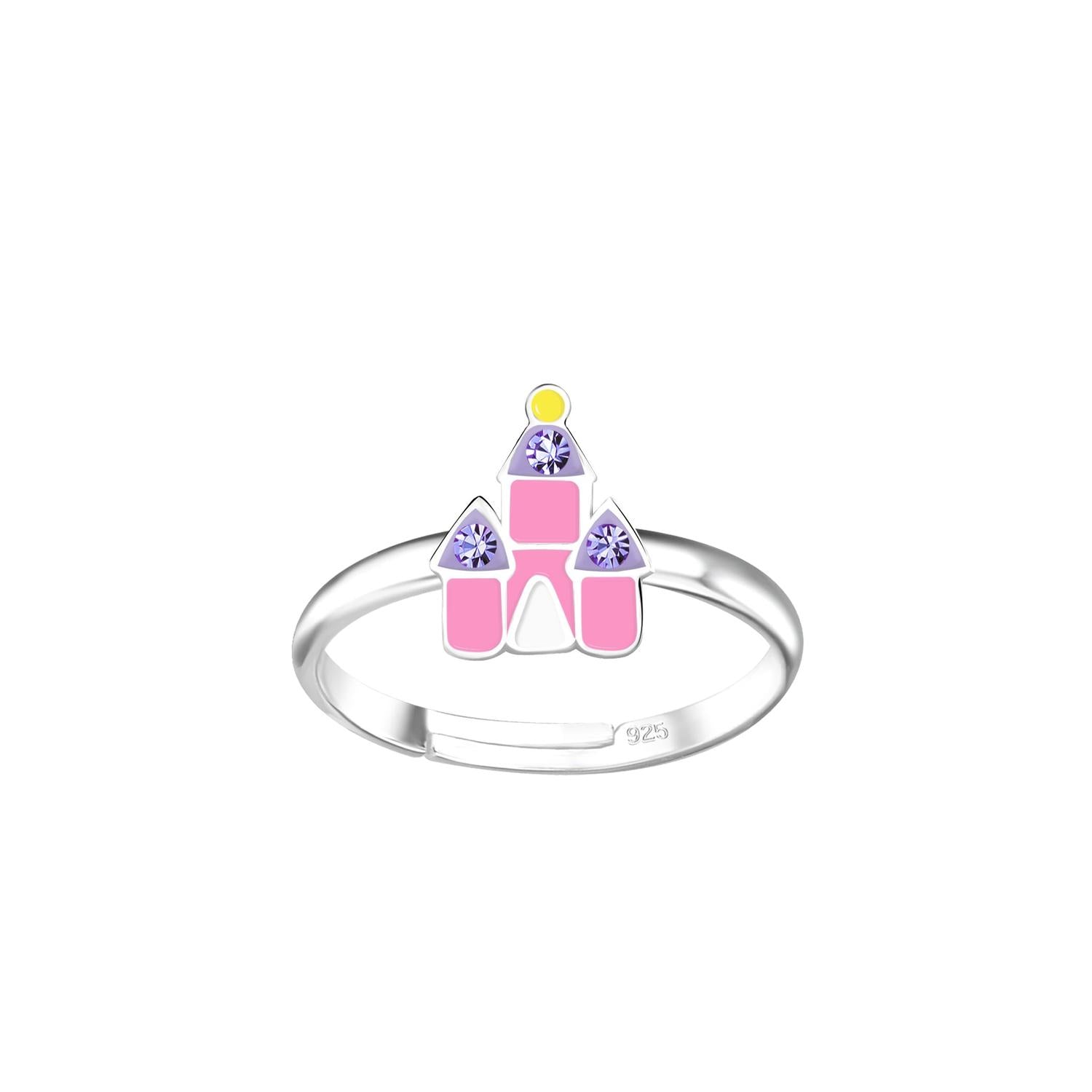 Melchior Jewellery silver adjustable castle ring with pink and purple enamel and a yellow detail