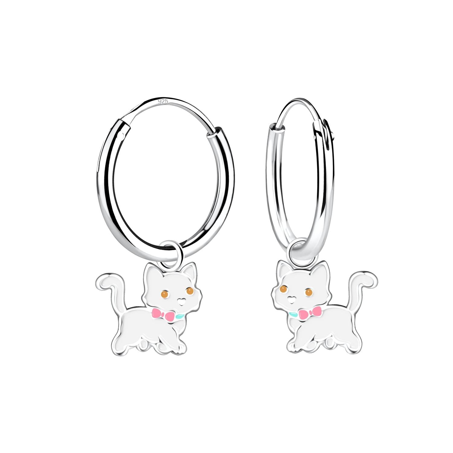 Sterling silver Silver Cat Charm Hoop Earrings for children with pink bow and orange eyes