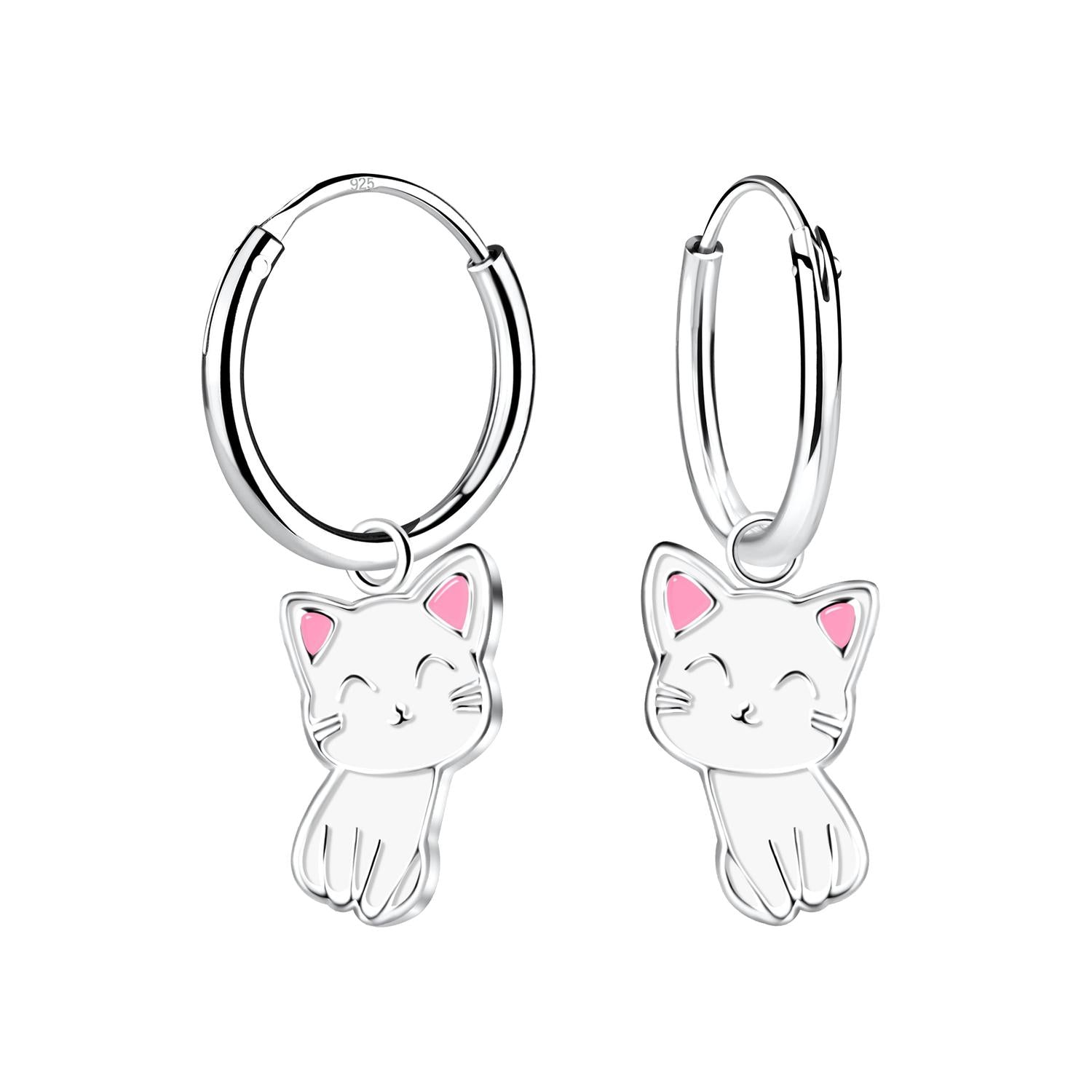 Sterling silver girls cat charm hoop earrings with pink enamel detail for children by Melchior Jewellery