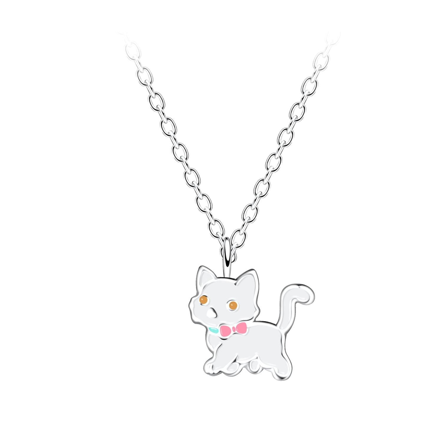 sterling silver white cat pendant necklace for kids with pink bow from Melchior Jewellery