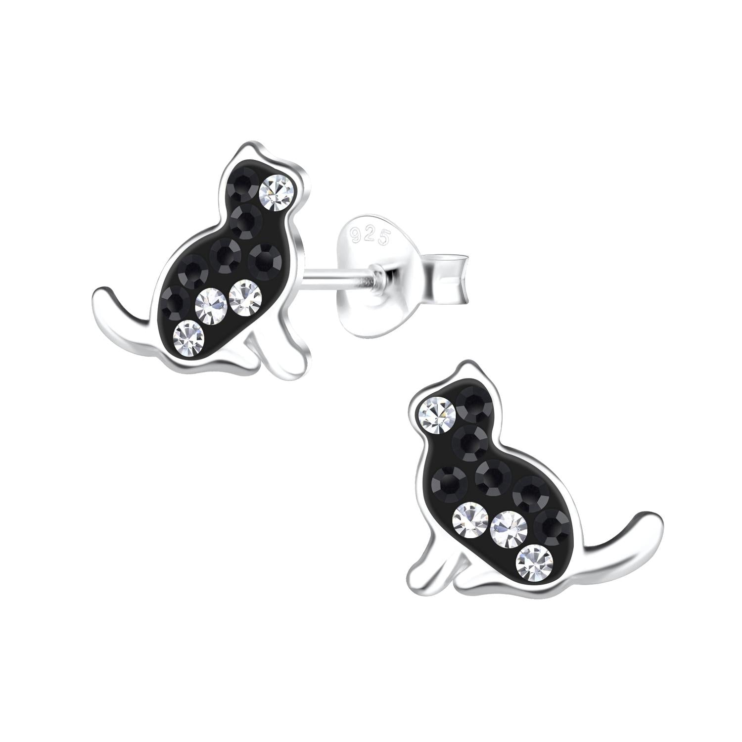 Melchior Jewellery girls cat earrings in silver with black crystals and white crystal accents