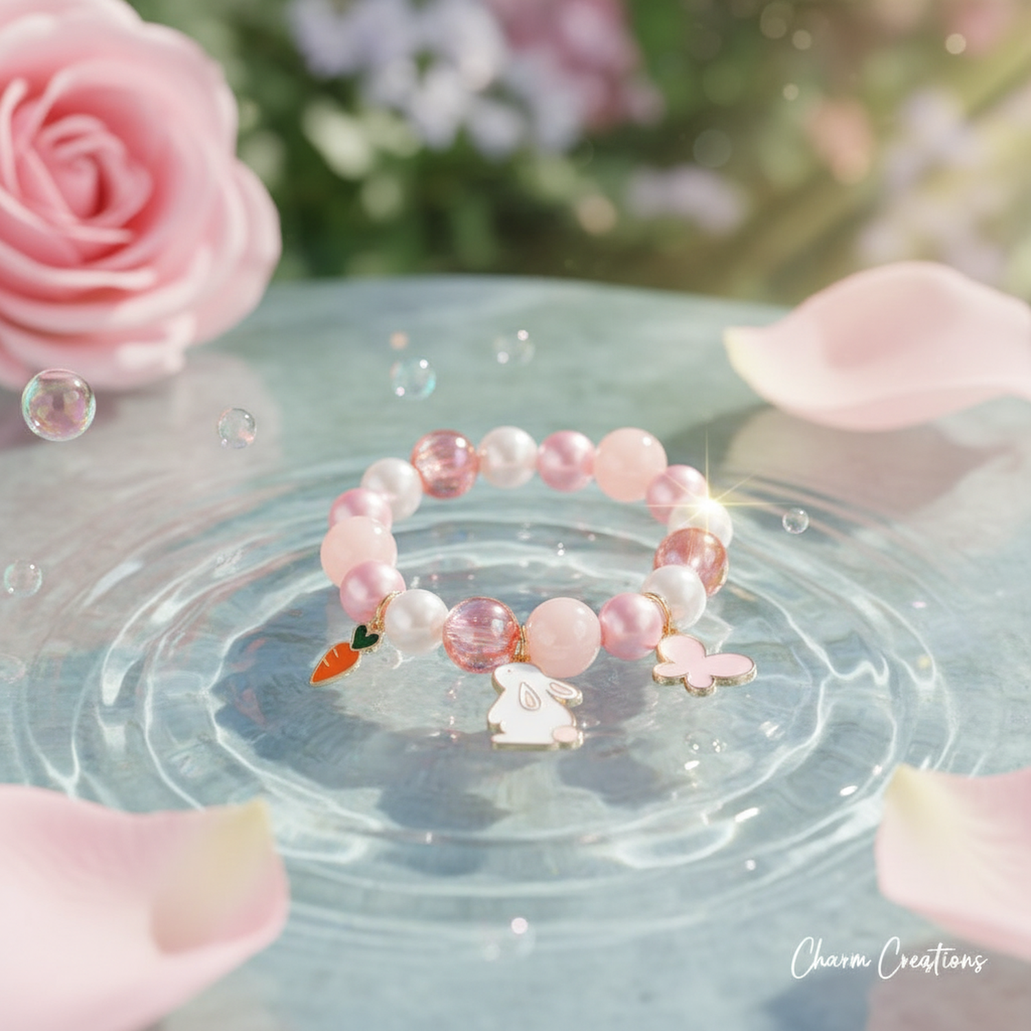 Girls rabbit bracelet by Melchior Jewellery with pink and white beads and cute rabbit, carrot, and butterfly charms
