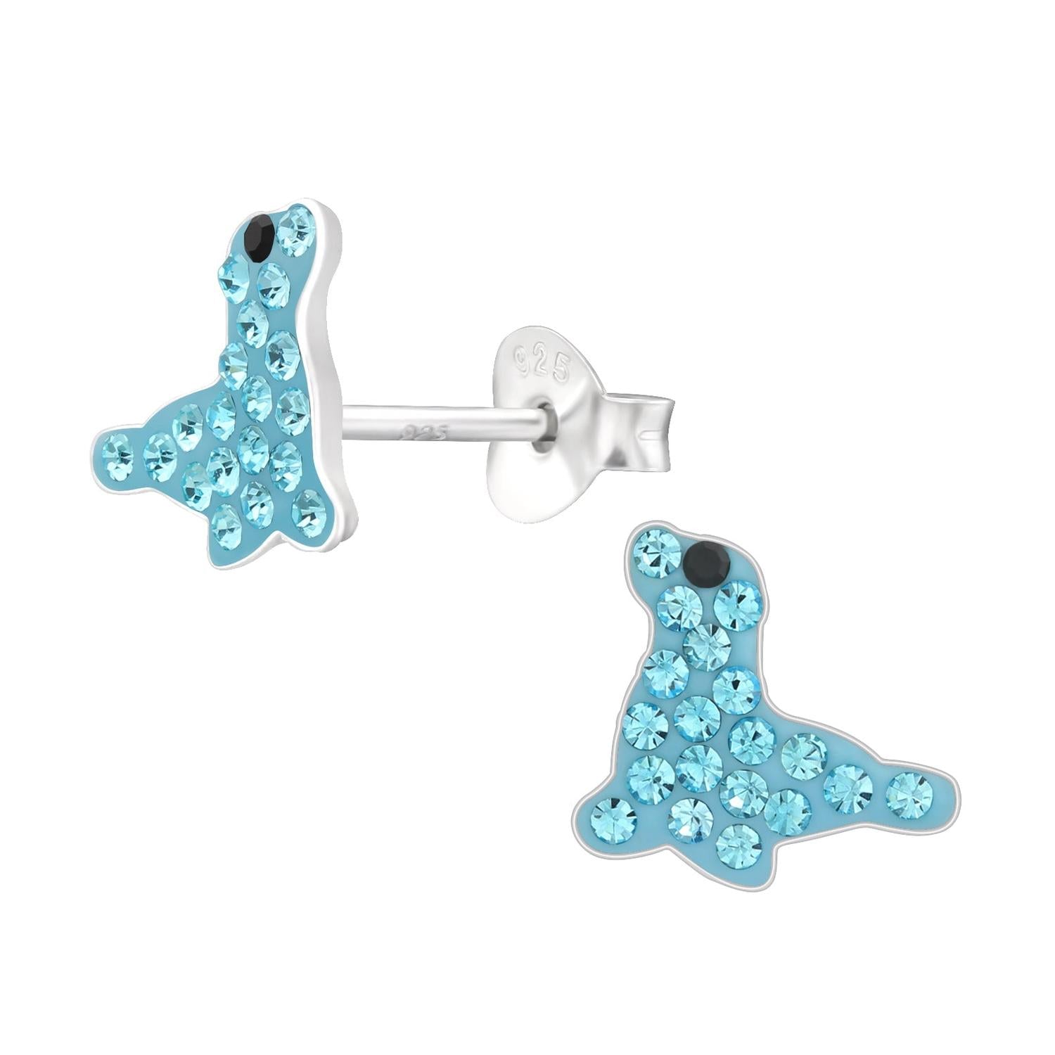 Sterling silver Childrens Silver Crystal Seal Stud Earrings with blue crystals and black eye for kids