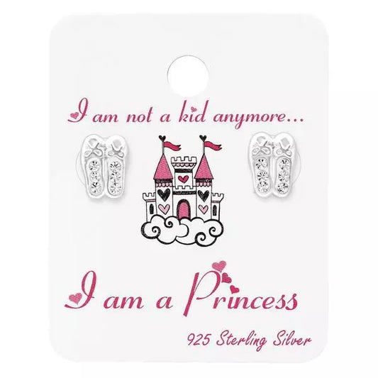 Melchior Jewellery children's sterling silver ballet shoes earrings on a princess castle display card