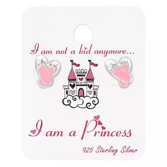 Children's sterling silver ballet shoes earrings with pink enamel on Melchior Jewellery card