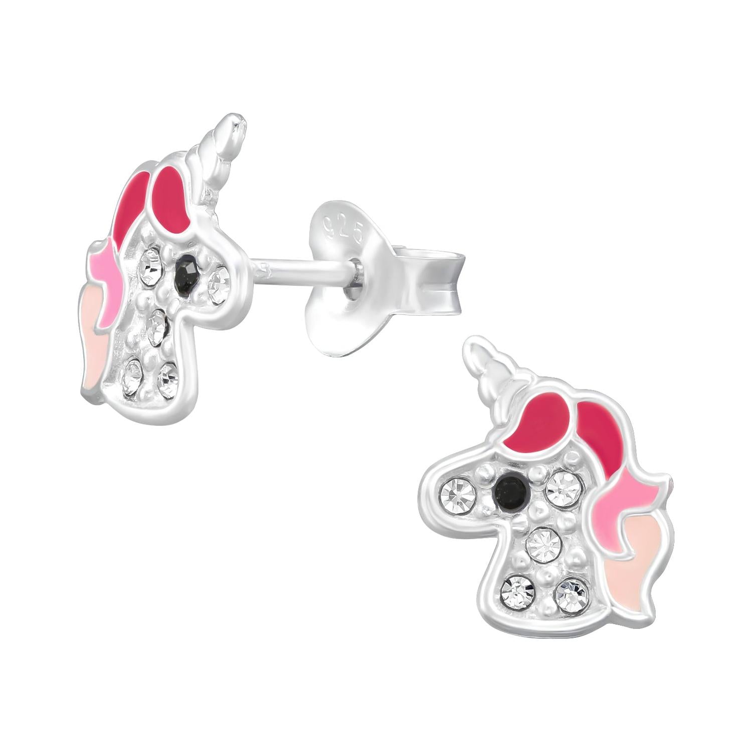 Childrens sterling silver CZ unicorn stud earrings with pink and white enamel by Melchior Jewellery