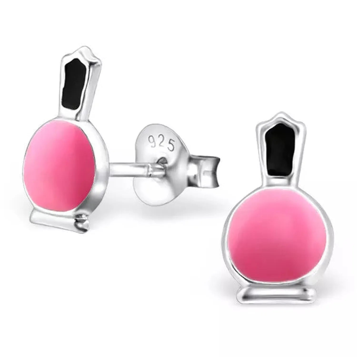 Pink children's sterling silver earrings shaped like perfume bottles by Melchior Jewellery