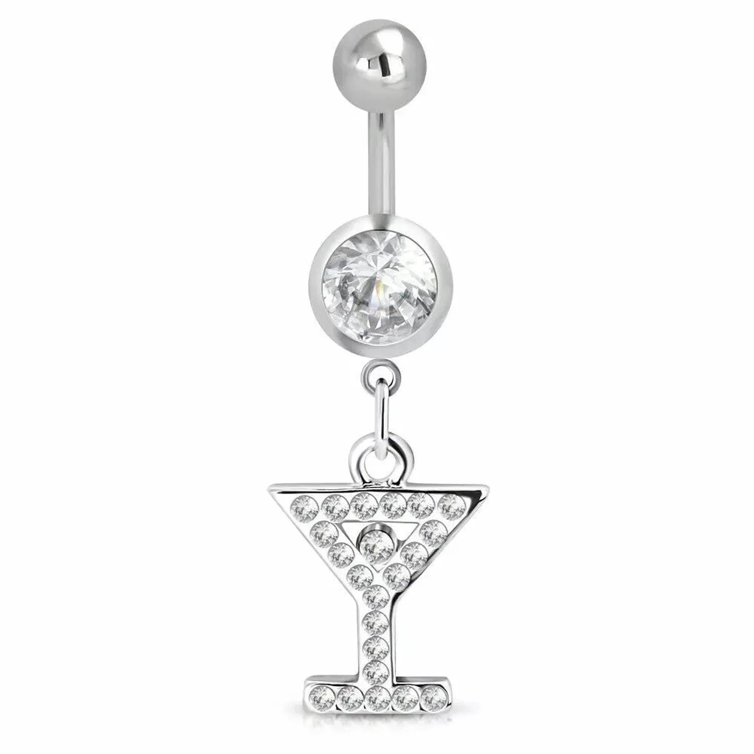 Melchior Jewellery cocktail glass belly button ring with clear crystals and silver finish