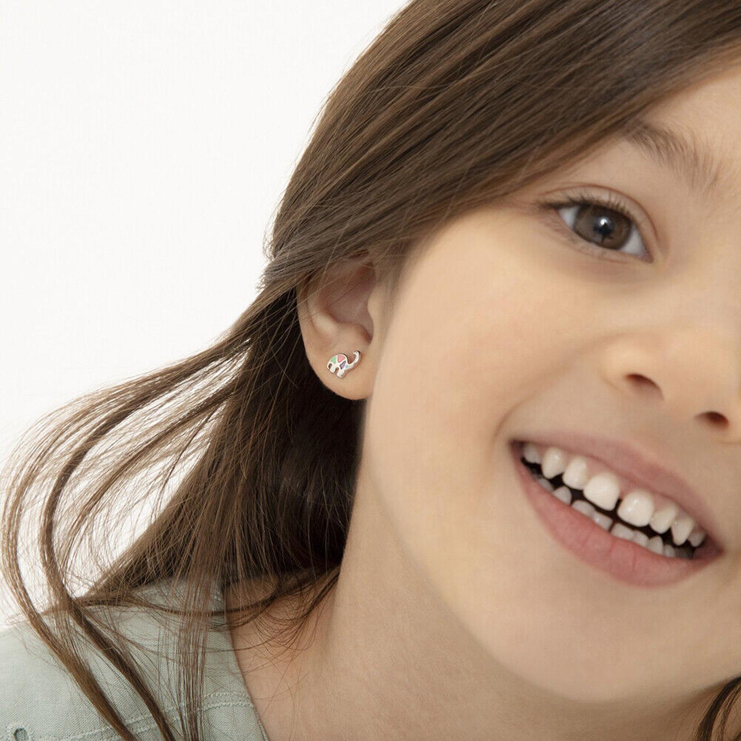 sterling silver childrens dinosaur earrings with colourful enamel detail for kids by In Season Jewellery