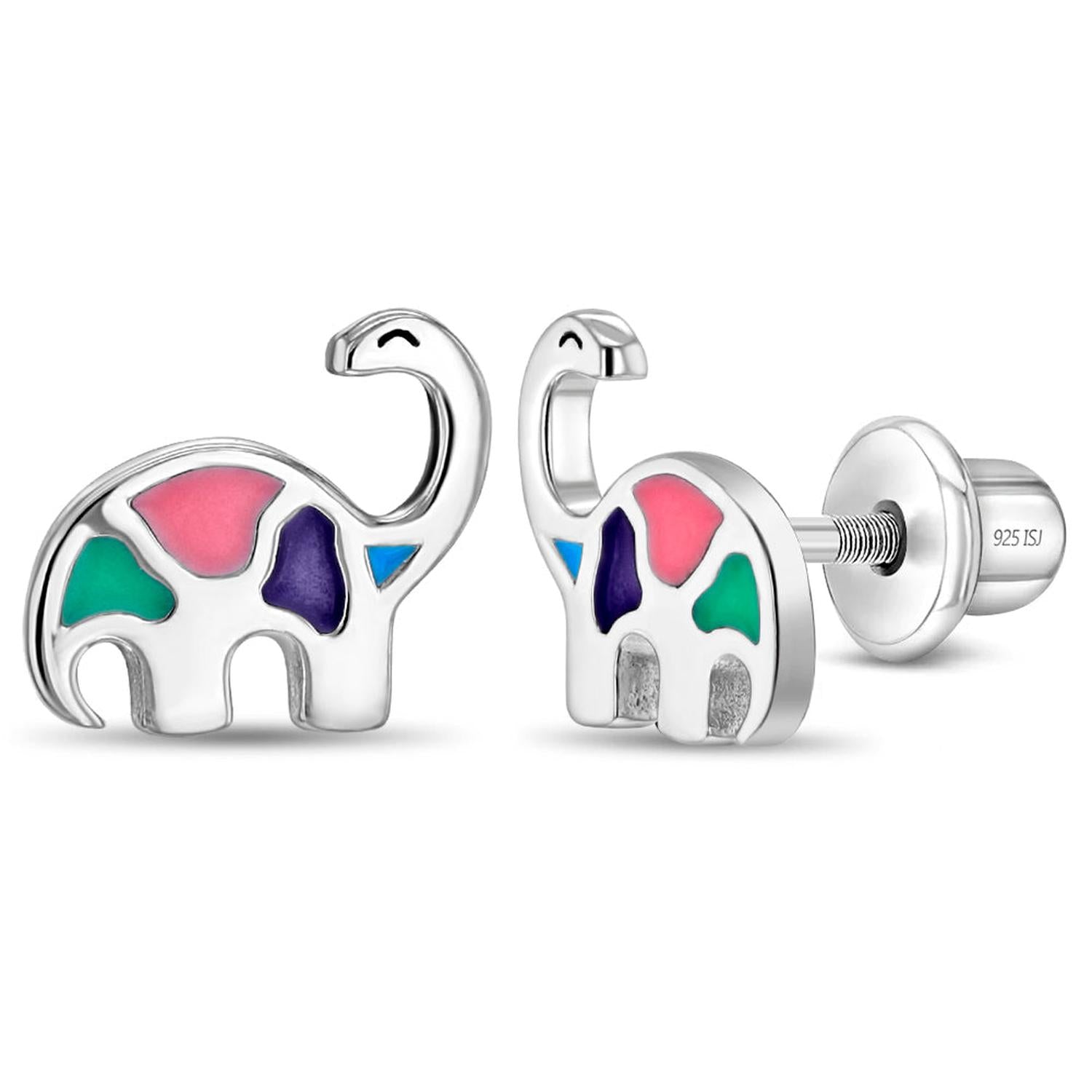 sterling silver childrens dinosaur earrings with colourful enamel detailing by In Season Jewellery