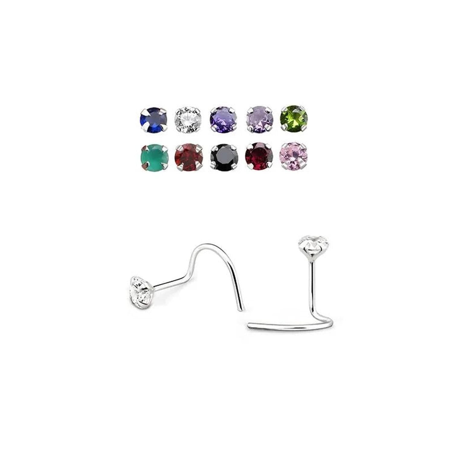 Sterling silver nose screw with clear cubic zirconia and multiple coloured gemstone options body jewellery