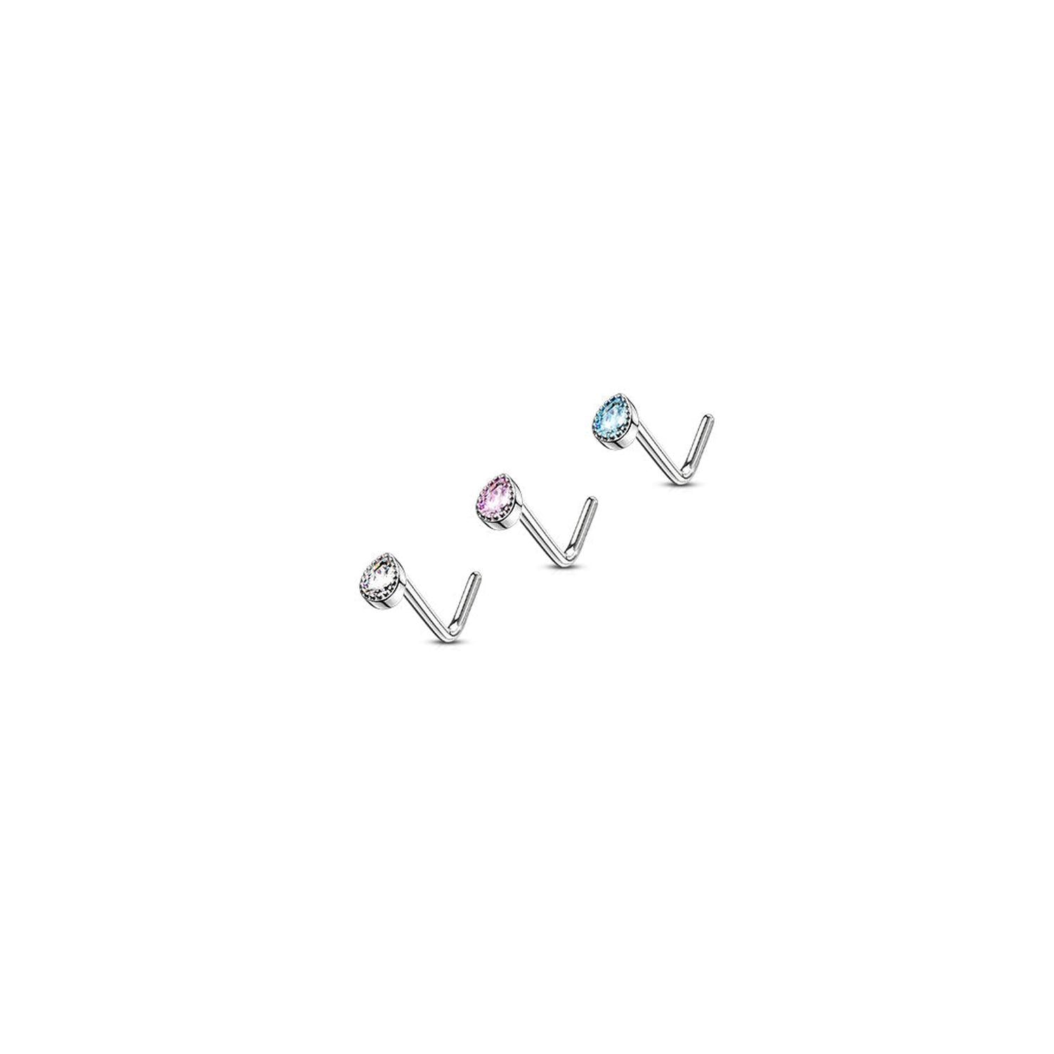Melchior Jewellery crystal nose stud elegant design trio of silver L shaped nose studs with clear pink and blue stones