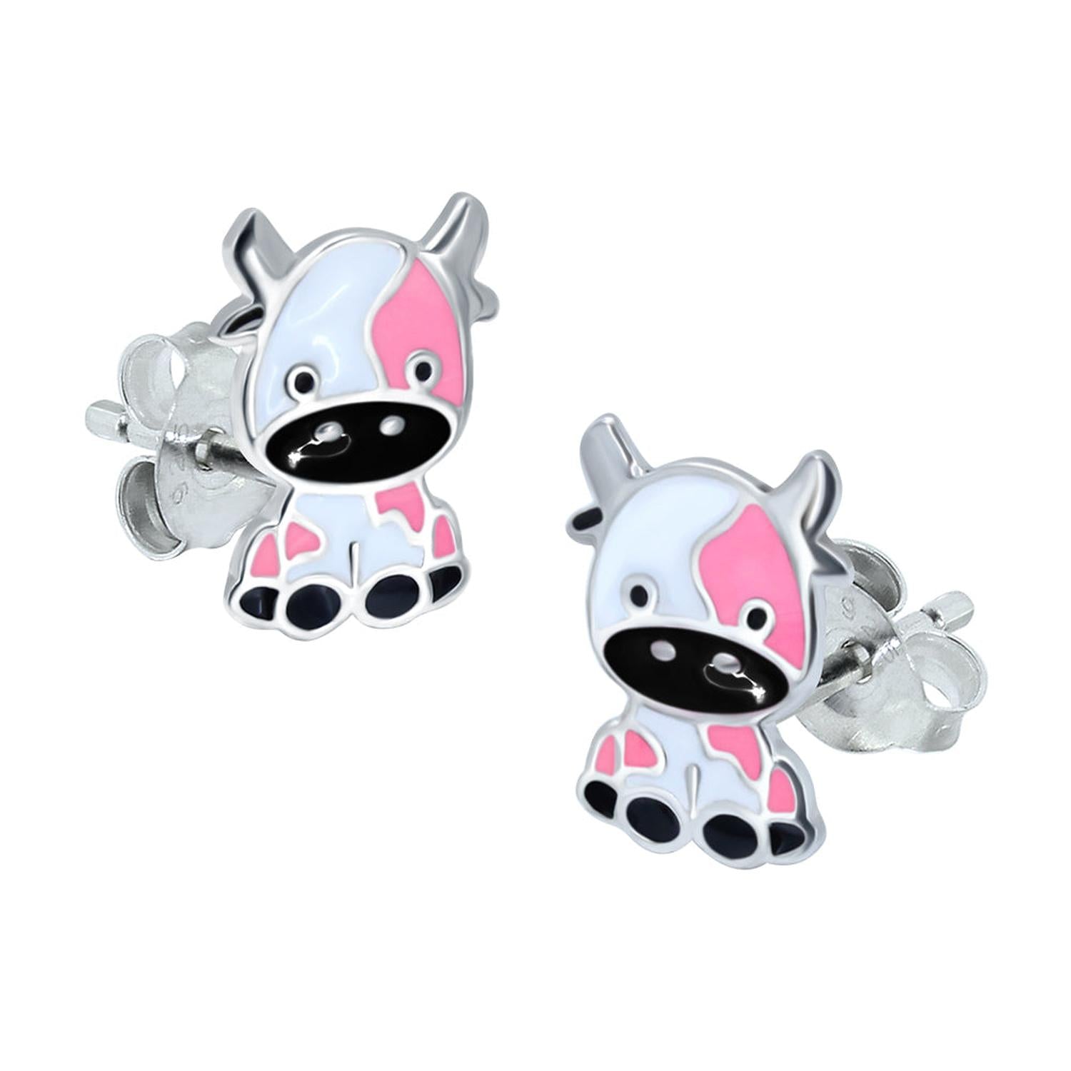 925 silver cow earrings for girls in pink and white enamel by Melchior Jewellery