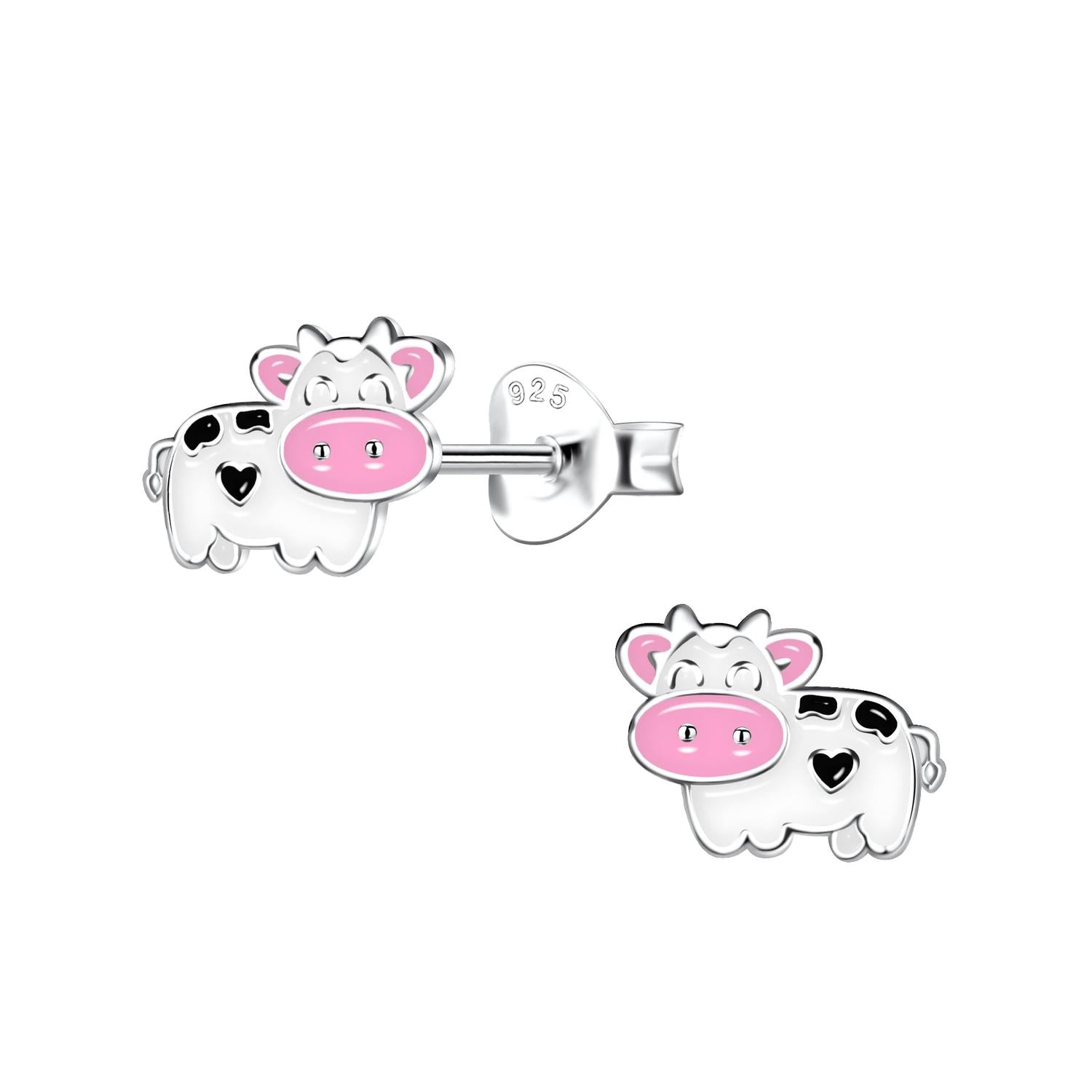 Melchior Jewellery girls silver cow earrings with pink and black enamel details for children