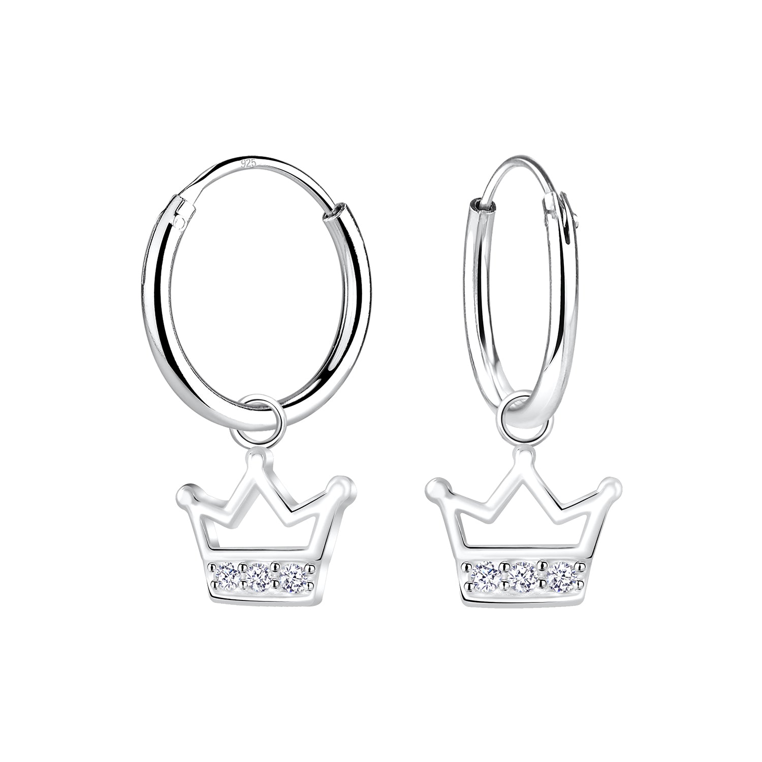 Sterling silver dangle girls hoop earrings with crown charm and cubic zirconia for children