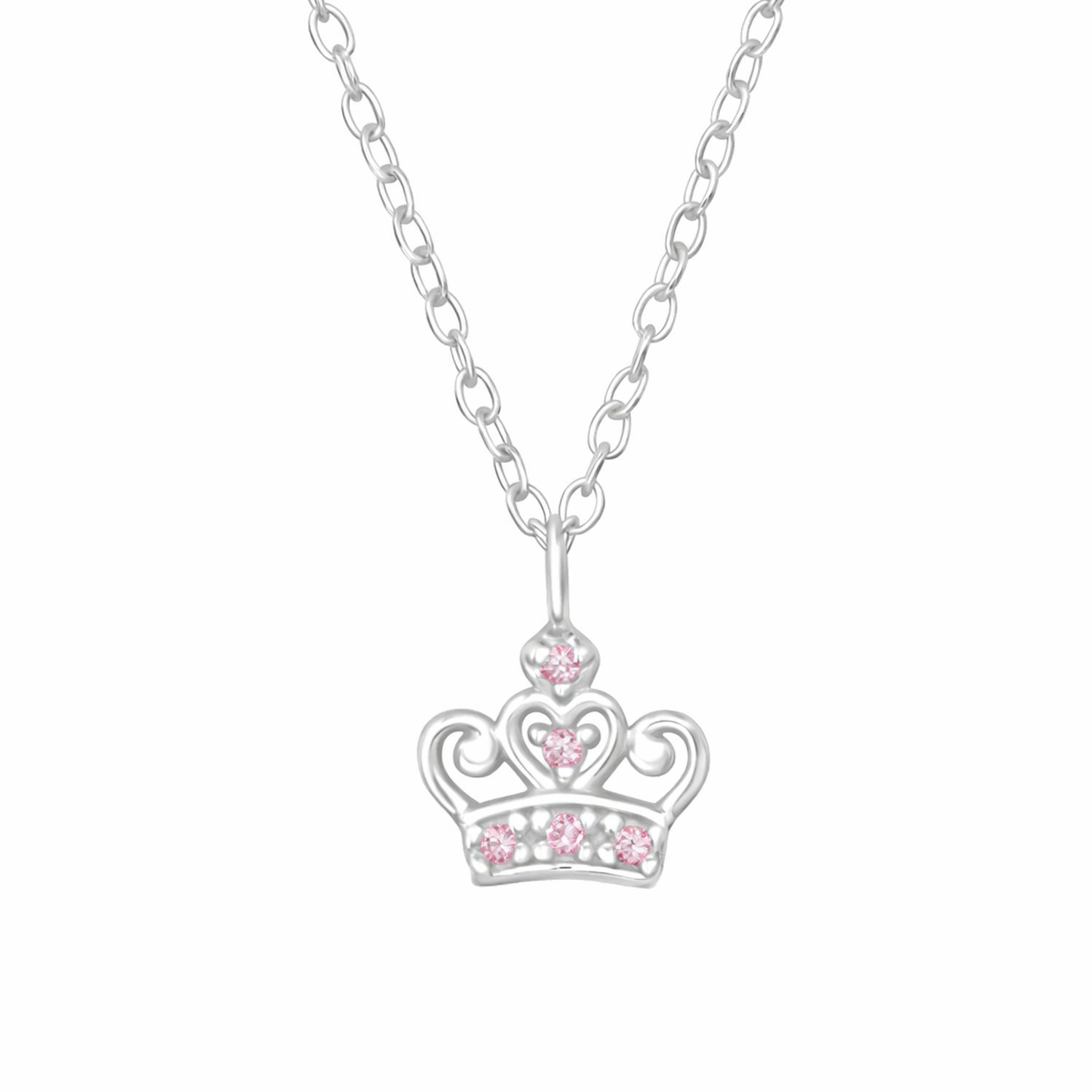 sterling silver pink princess crown necklace for children with delicate chain and pink stones