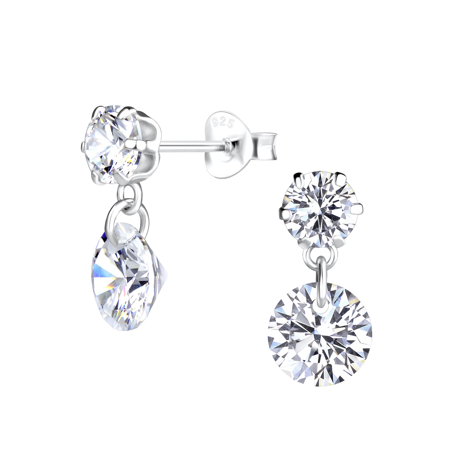 Sterling silver sparkling CZ earrings for women with two round clear cubic zirconia stones