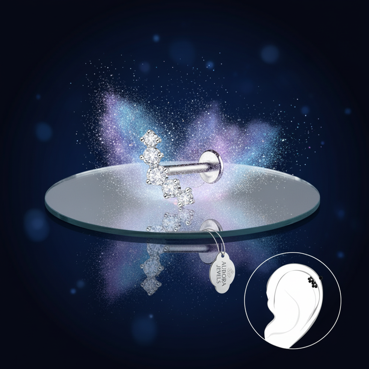 Silver CZ labret stud body jewellery from Melchior Jewellery displayed on reflective surface with ear placement guide