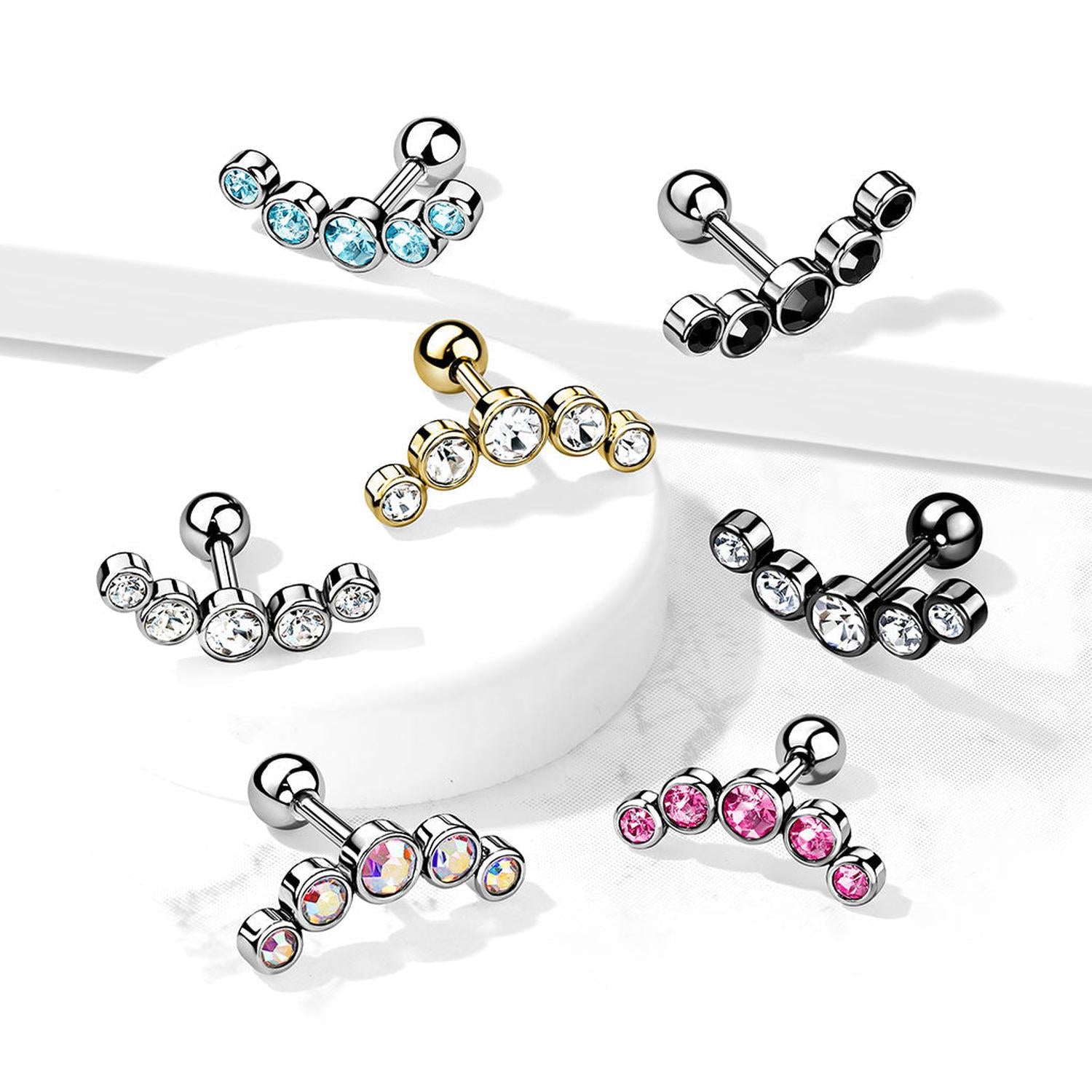 Melchior Jewellery surgical steel cartilage stud with gemstones showing assorted silver gold and black studs with blue pink gems