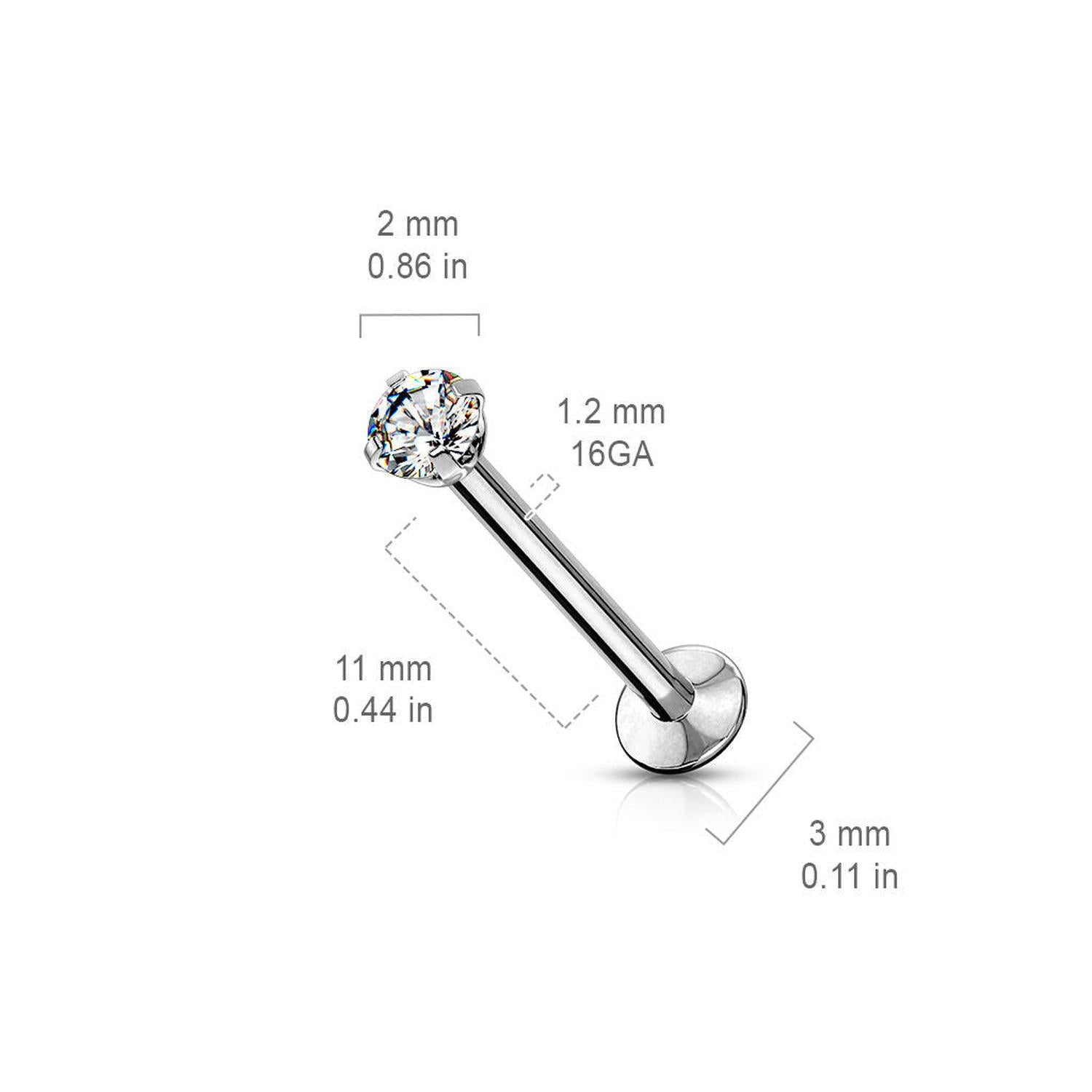 Melchior Jewellery steel labret with cubic zirconia top 11 mm stainless stud 2 mm gem 3 mm disc