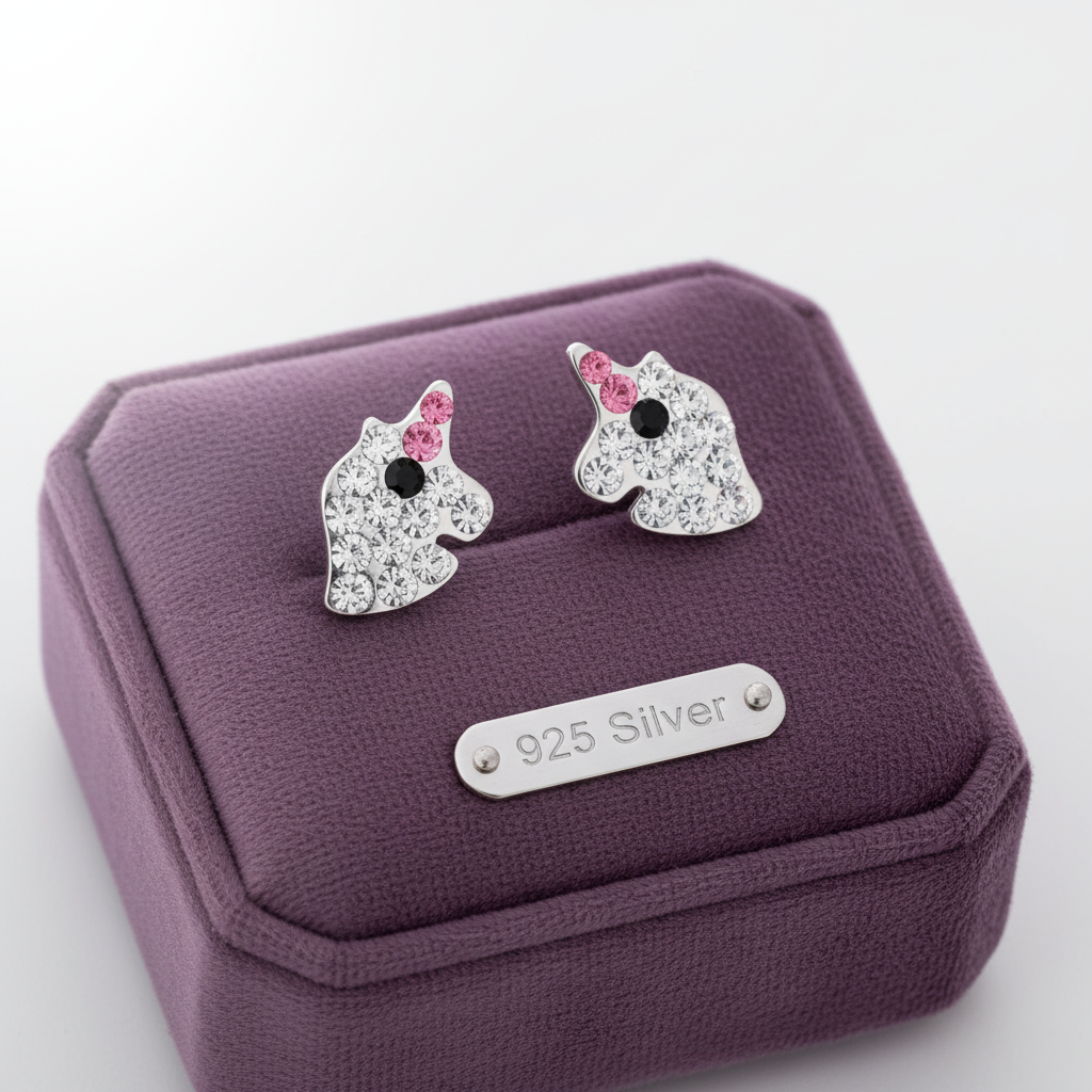 Crystal unicorn stud earrings for kids in 925 silver on purple jewellery display by Melchior Jewellery