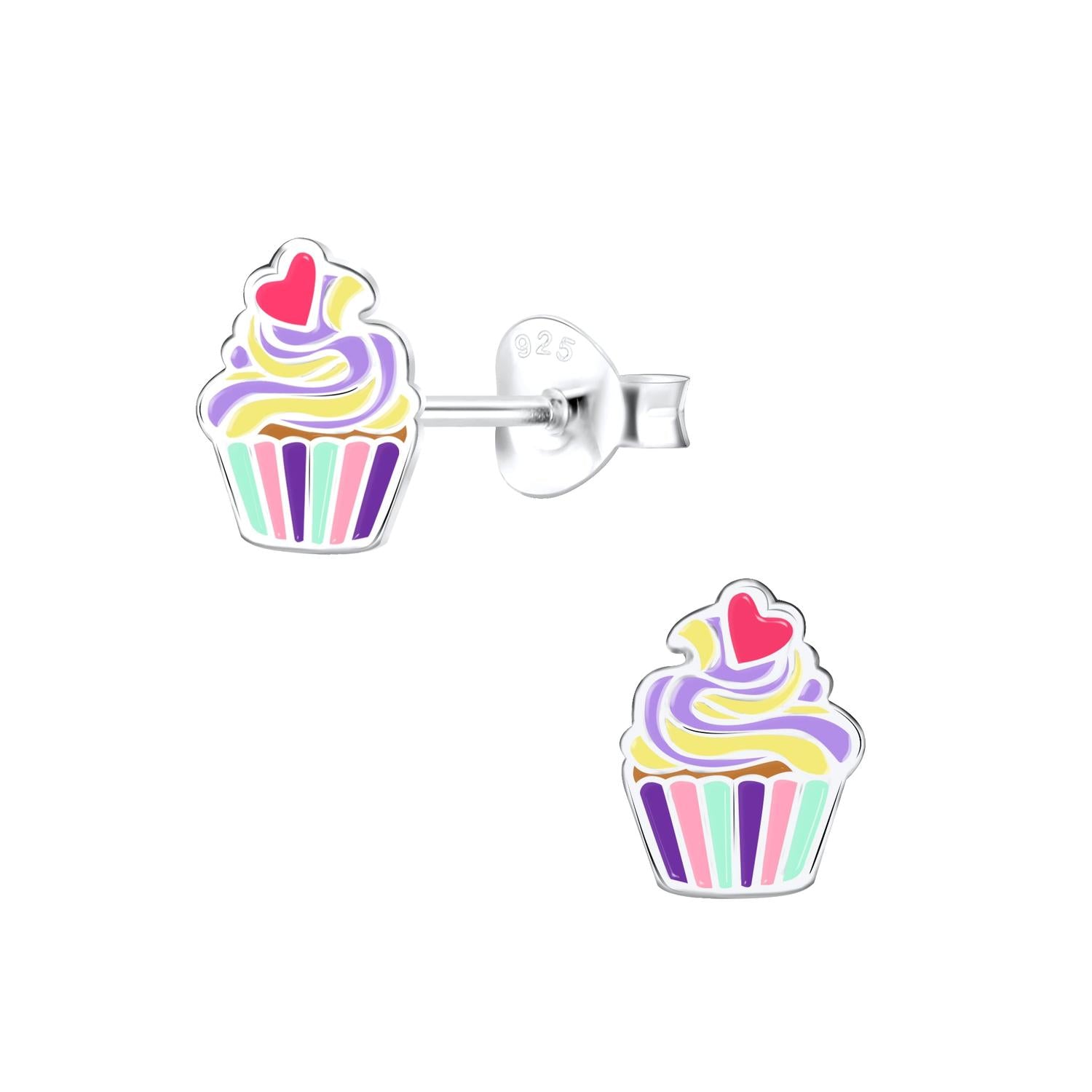 Childrens silver colourful cupcake stud earrings made of sterling silver with multicolour enamel design