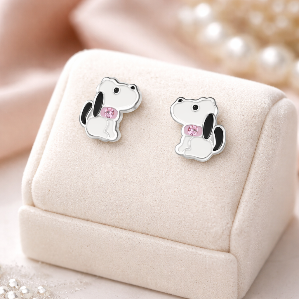 Melchior Jewellery girls dog stud earrings in silver with black and white enamel and pink gemstone collar