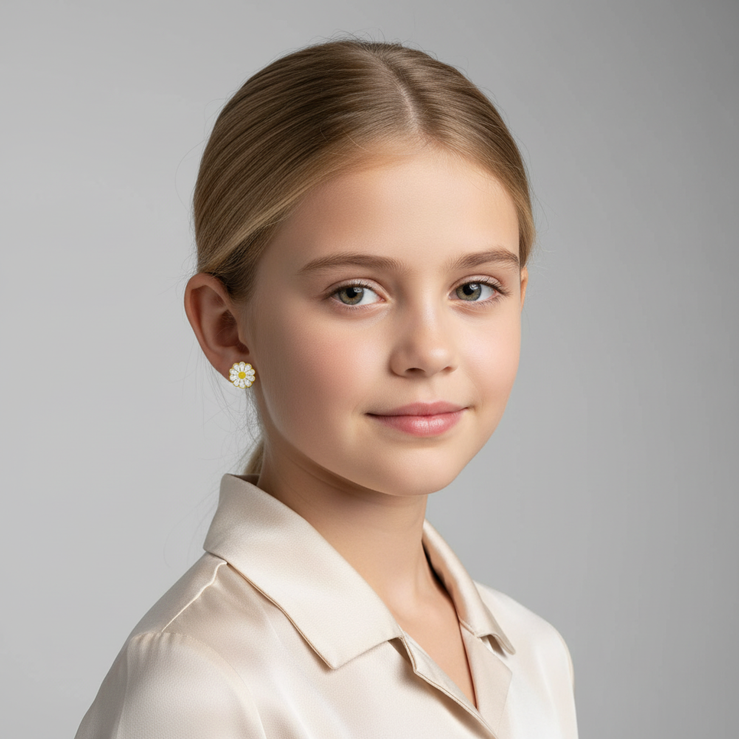 14ct gold plated daisy earrings for girls worn by young girl with blonde hair and cream blouse
