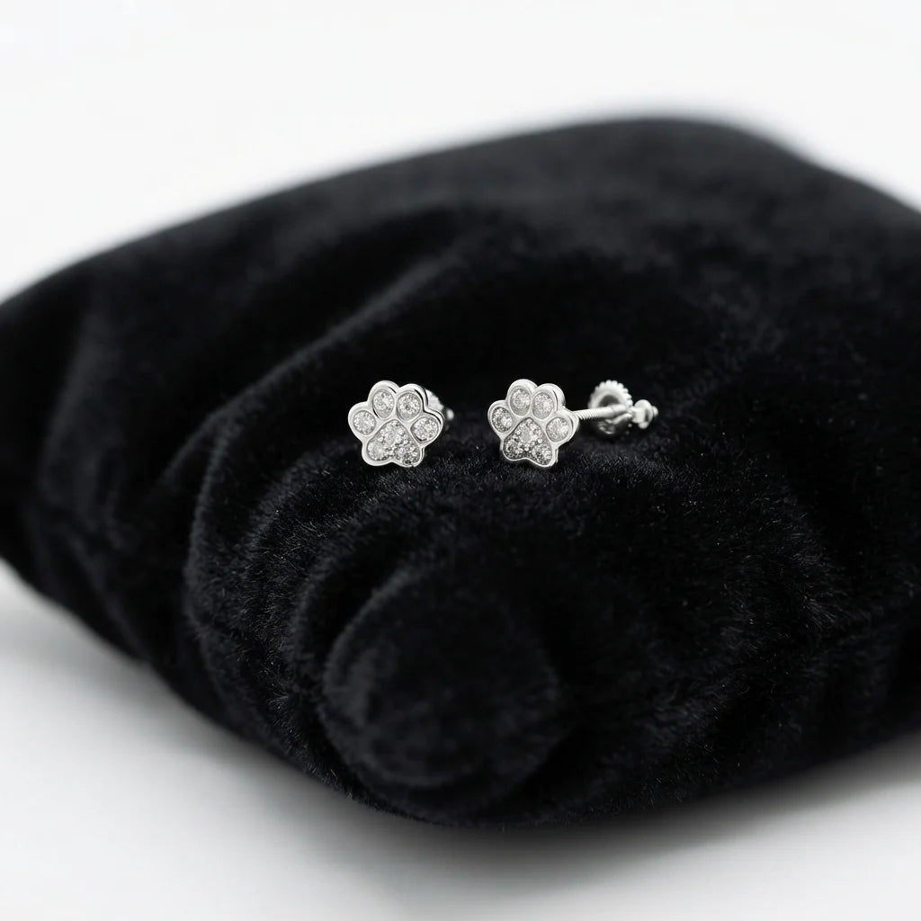 Kids Sterling Silver Paw Crystal Screw Back Earrings