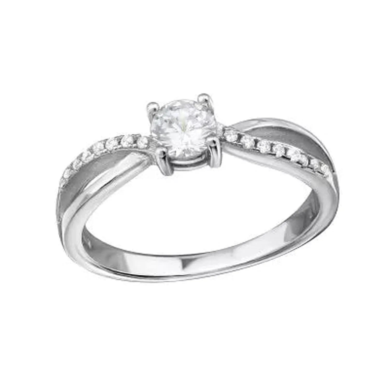 Sterling silver engagement ring with central round stone and small side diamonds for women
