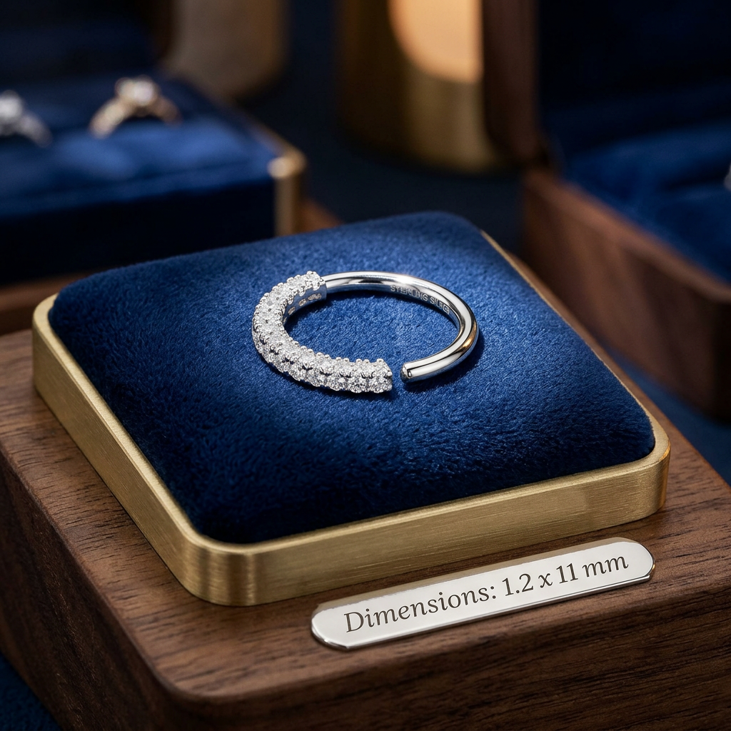 sterling silver cartilage piercing hoop with CZ stones displayed on a blue velvet cushion
