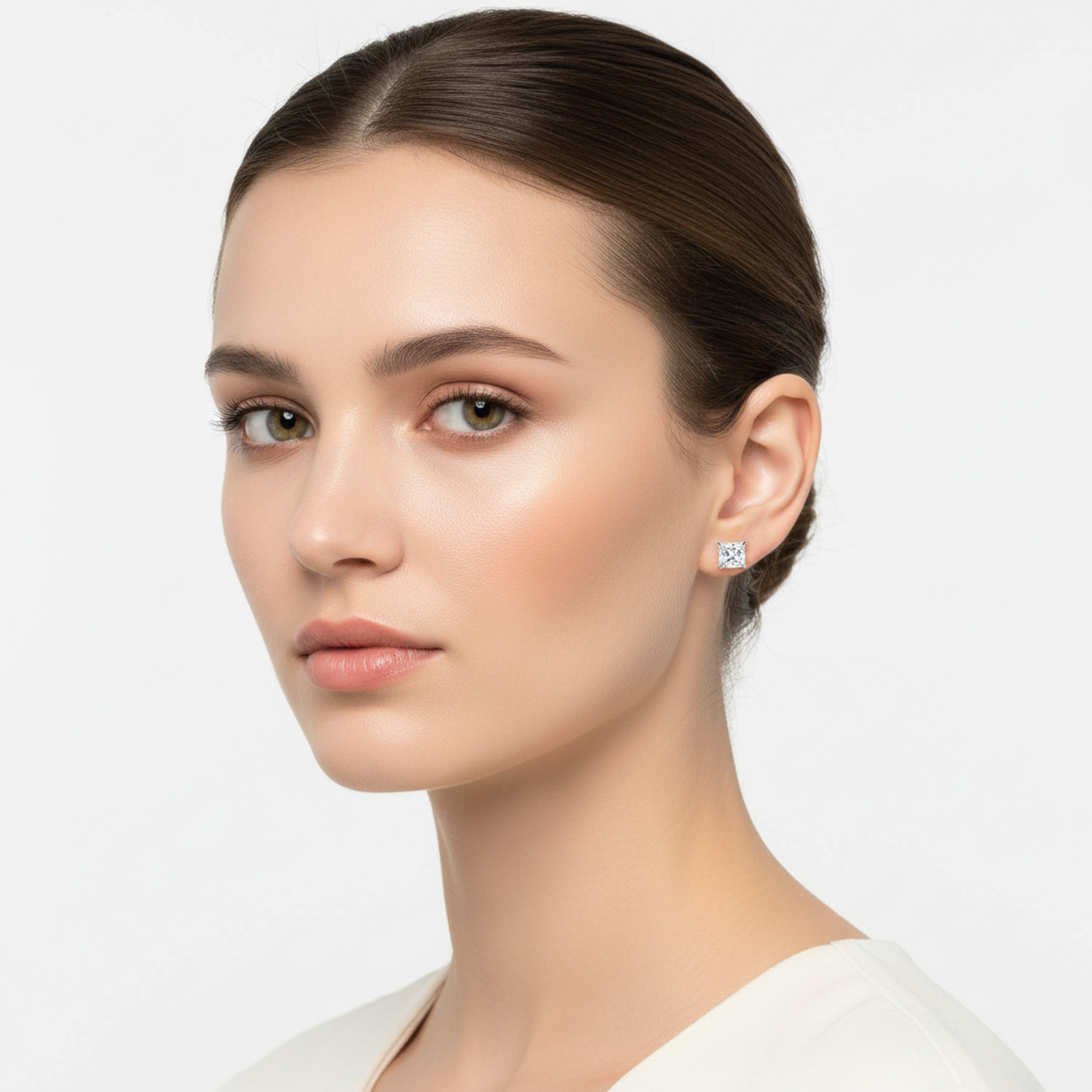 Melchior Jewellery sterling silver square stud earrings worn by woman with sleek hair and natural makeup