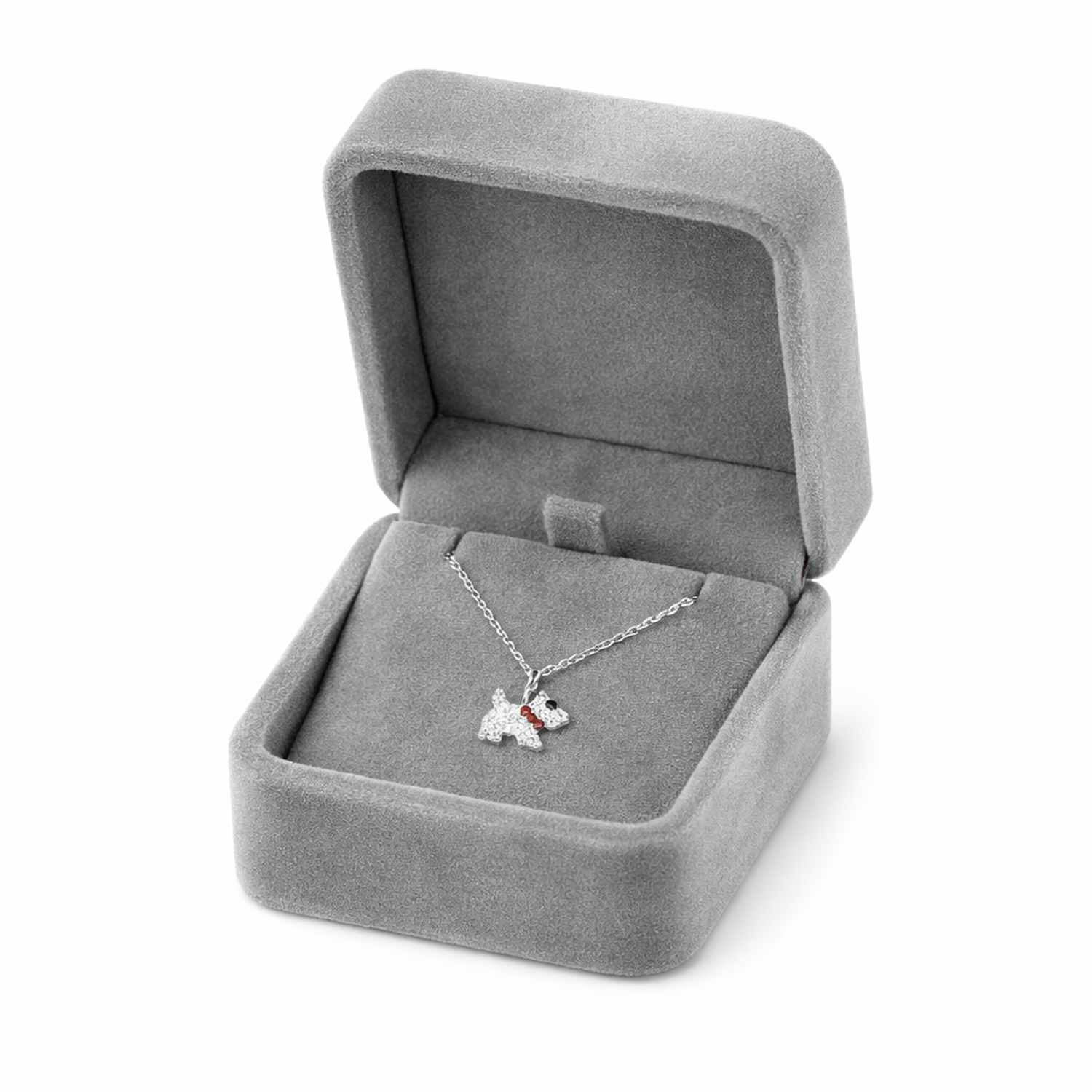 Melchior Jewellery kids crystal Scottie dog pendant necklace in grey velvet gift box