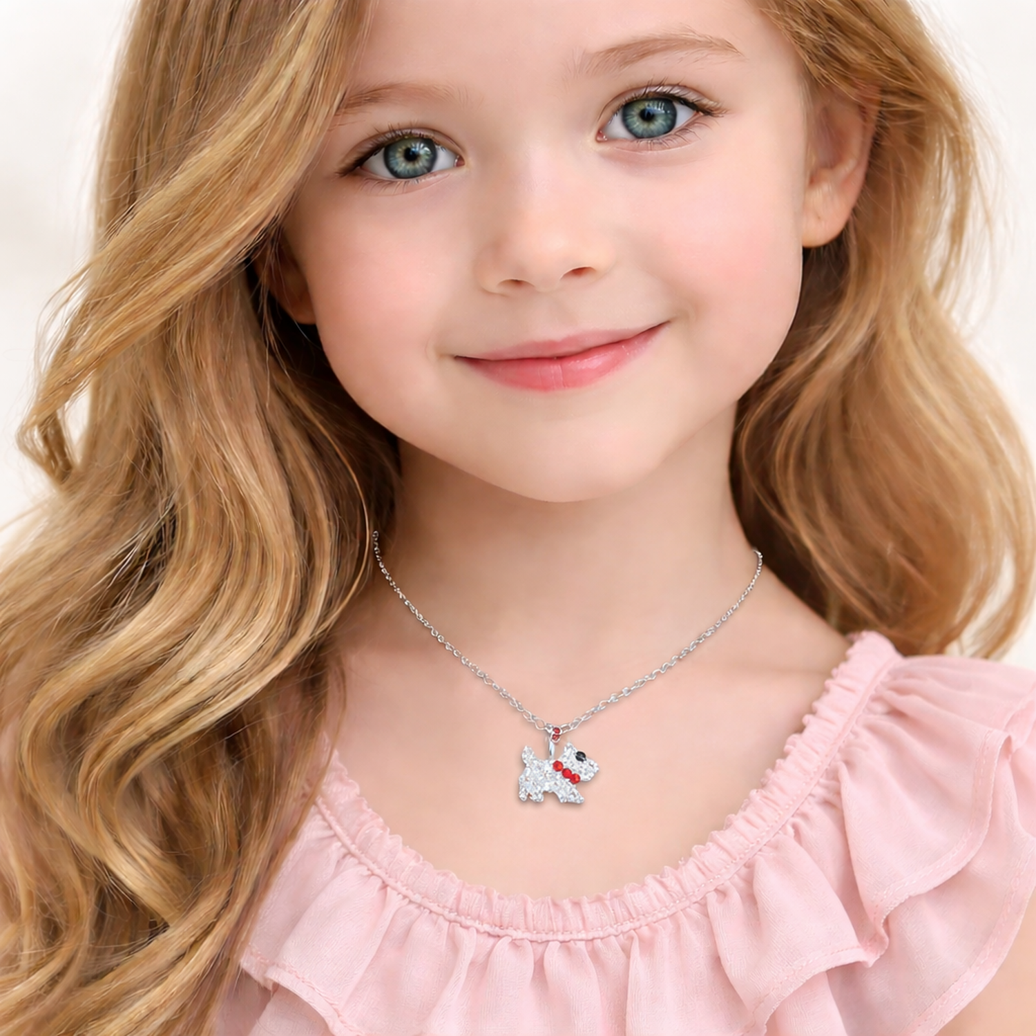 Kids crystal Scottie dog pendant necklace worn by girl with long blonde hair in pink ruffled top