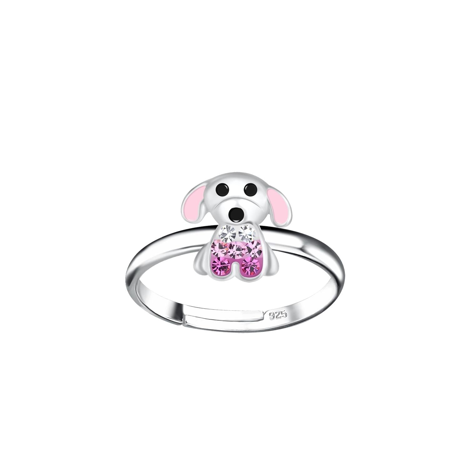 sterling silver puppy dog ring for girls with pink and clear crystals by Melchior Jewellery