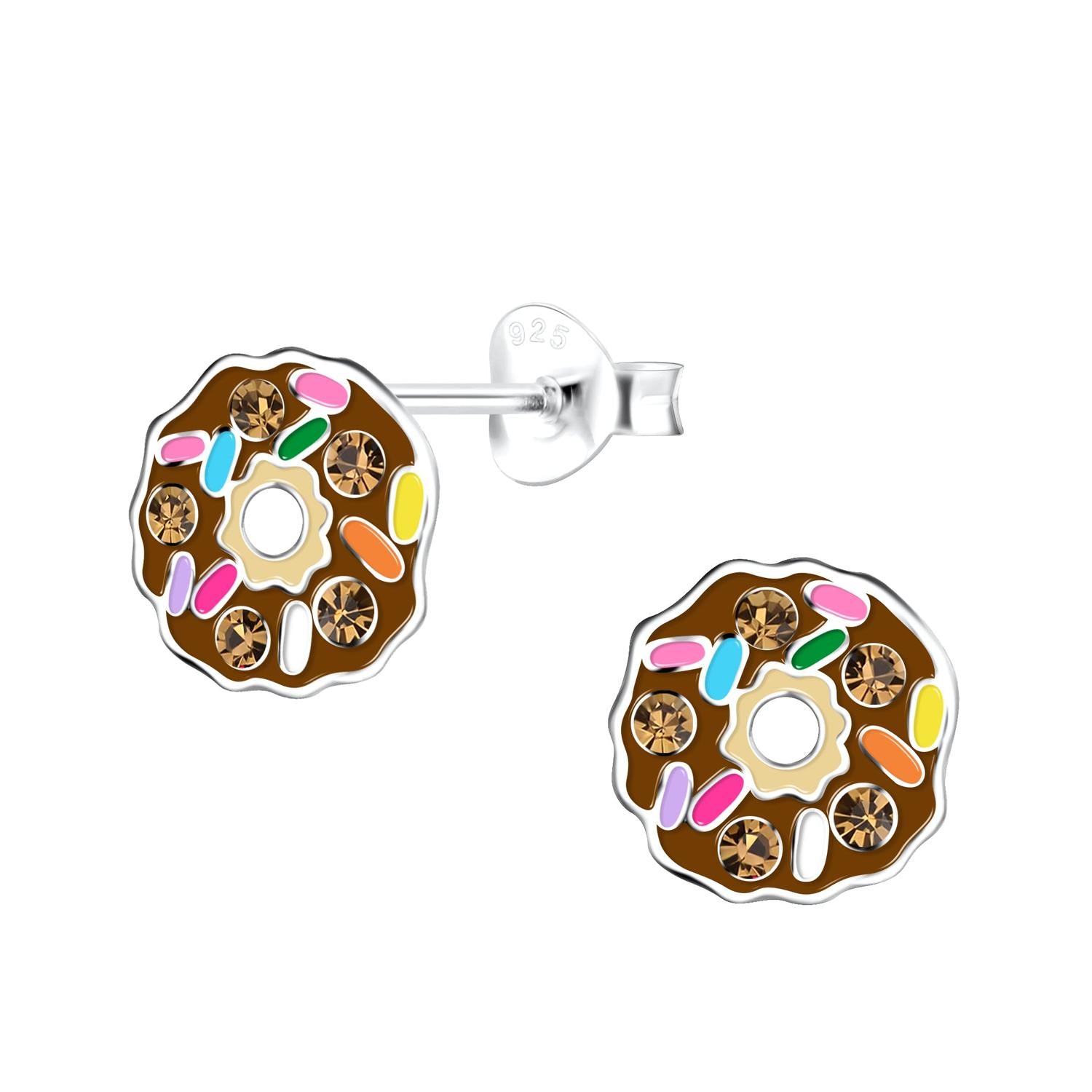 Sterling silver childrens Chocolate Donut Stud Earrings with colourful enamel and brown crystals