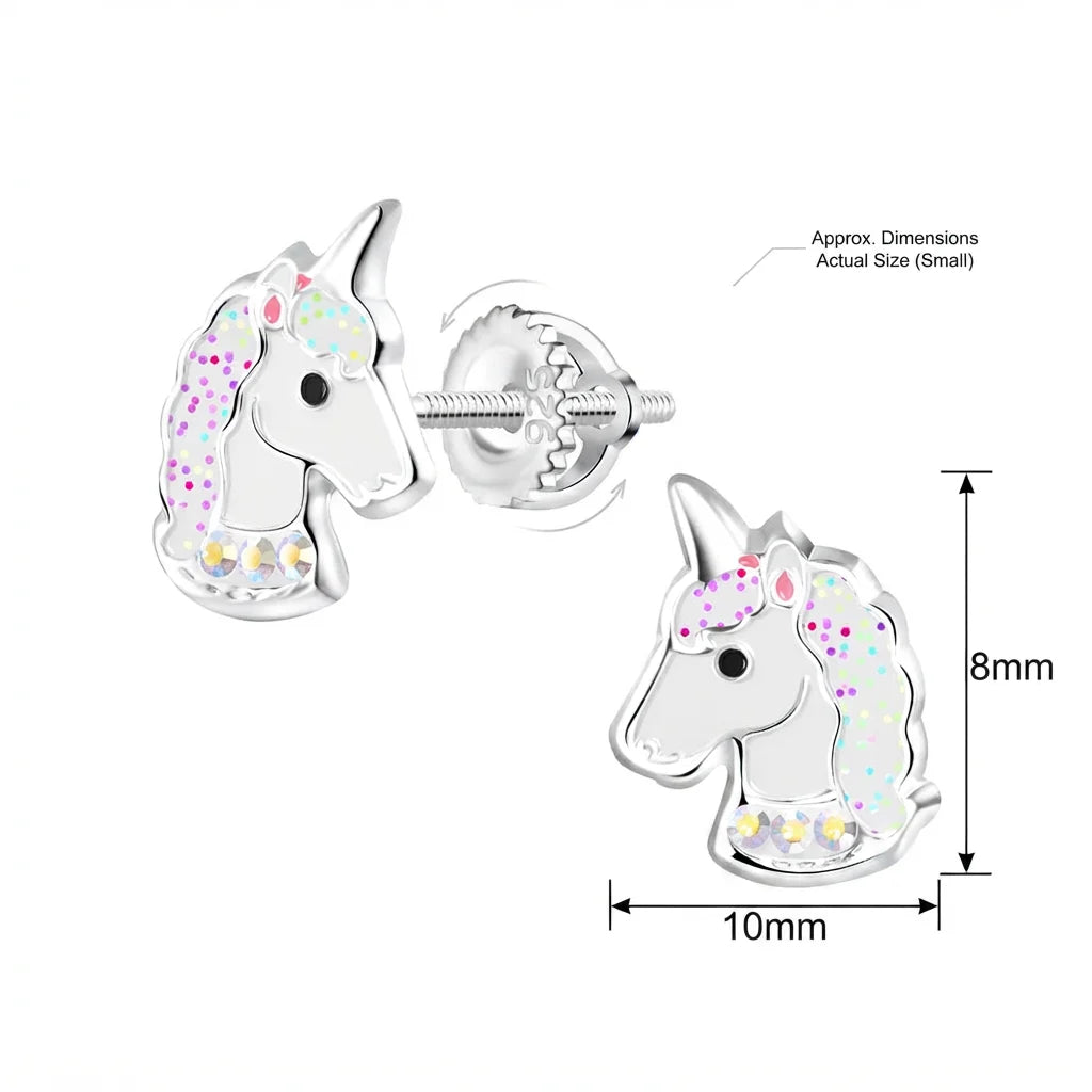 Silver unicorn stud earrings with iridescent glitter in the mane, shown with back views and dimension markings of 10mm by 8mm on a white background.