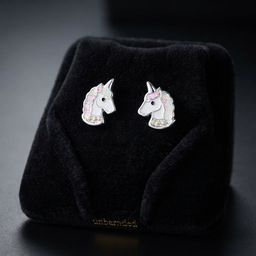 A pair of silver unicorn stud earrings with pastel pink, green, and yellow enamel details, displayed on a black velvet jewelry box.