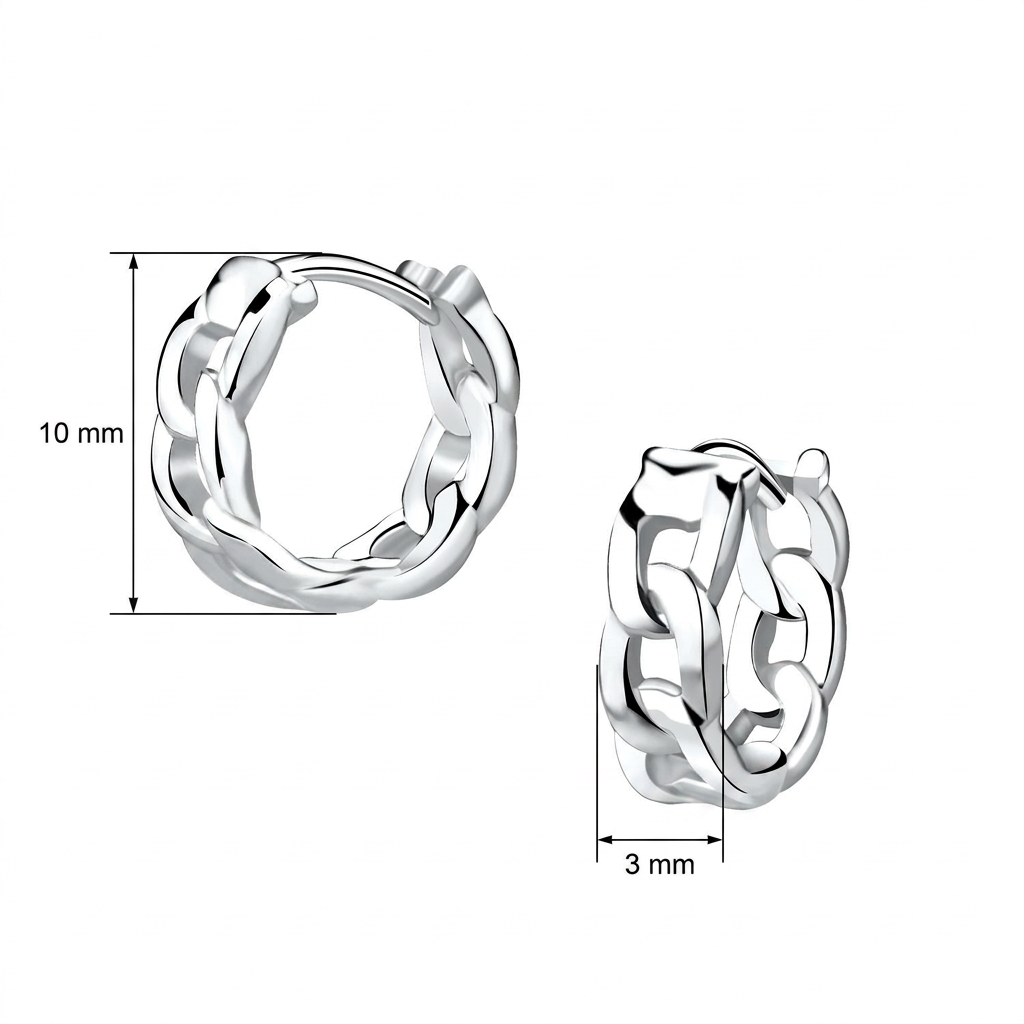 Silver huggie hoop earrings with a twisted chain-link design, shown with dimension markings indicating a height of 10 mm and a width of 3 mm on a white background.