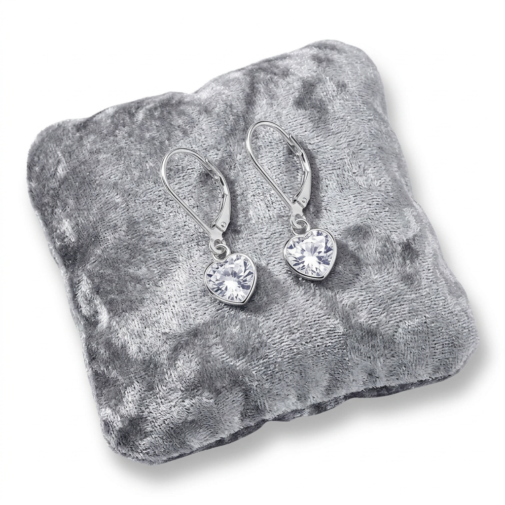 Silver heart-shaped earrings with clear stones on a textured stone surface