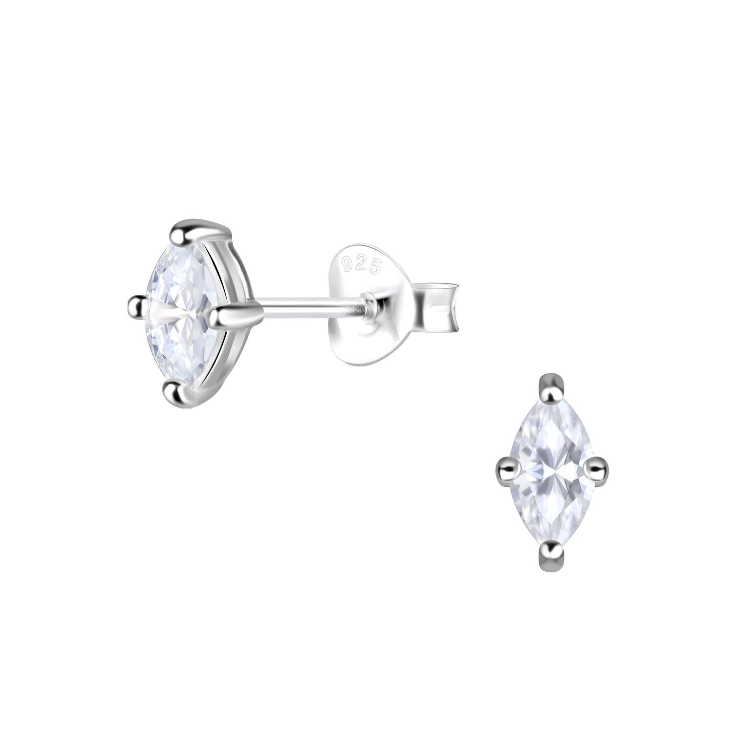 Sterling silver CZ stud earrings with marquise cut clear stones for women by Melchior Jewellery