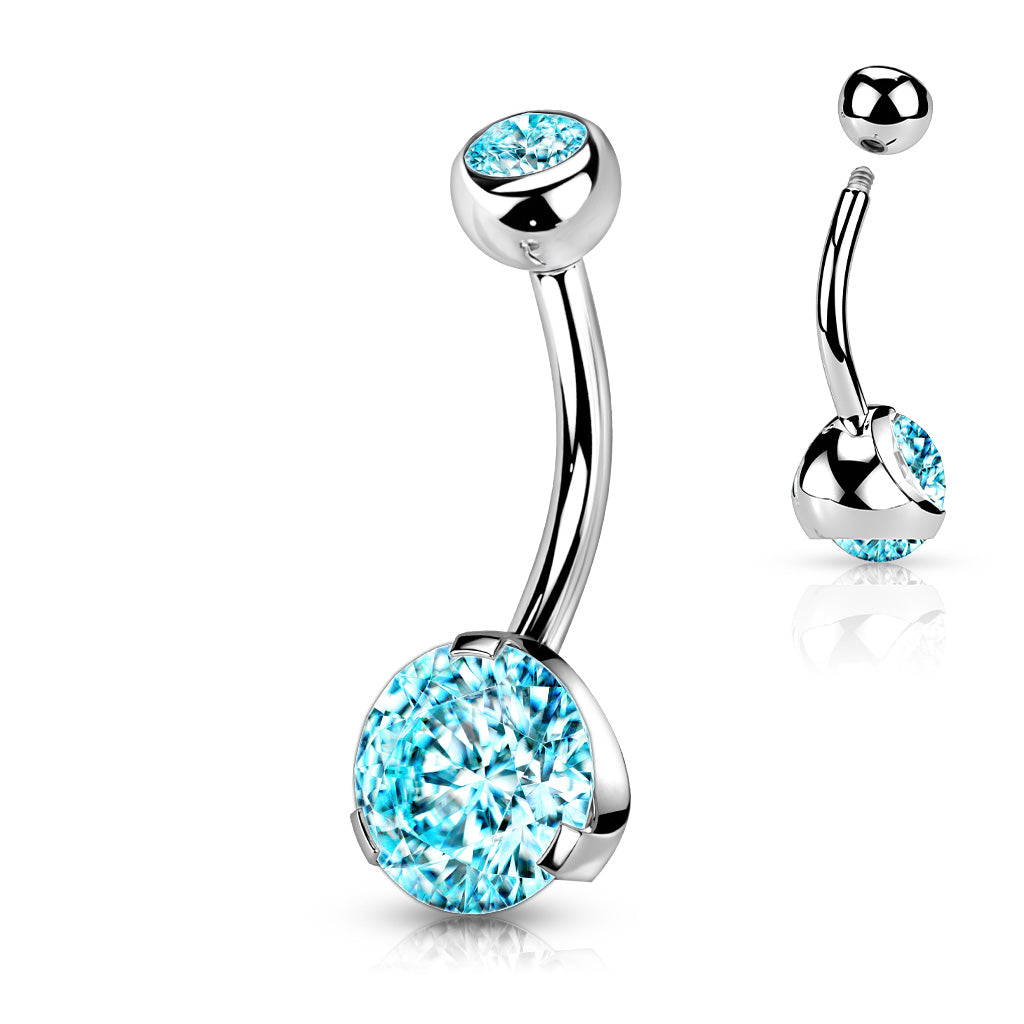 Melchior Jewellery sterling silver belly button piercing with large blue crystal gem and curved bar